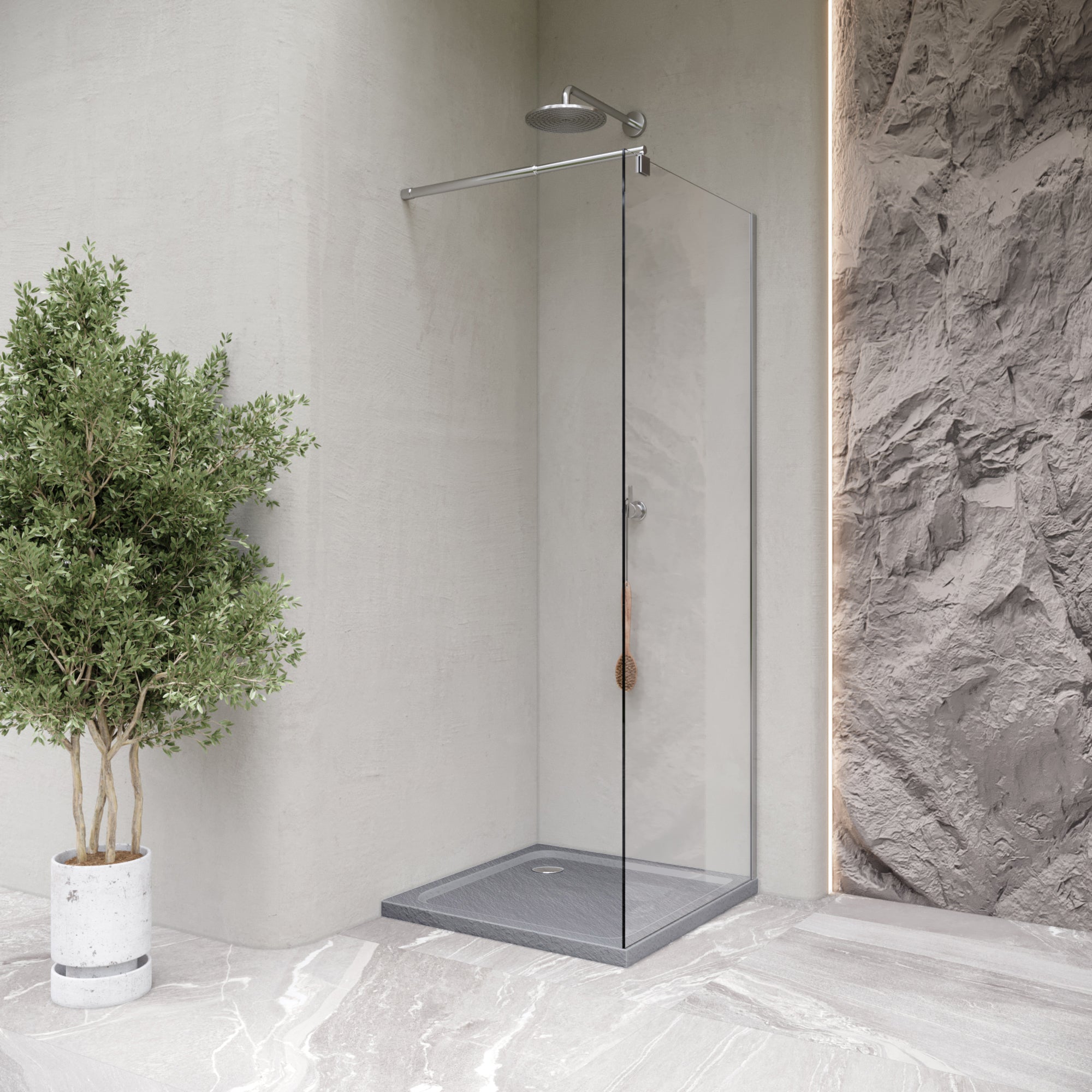 SHIMMER - Base de Duche Cinzenta Stone Acrílica, Textura Pedra, Extraplana 5cm, Sifão e Válvula Incluído