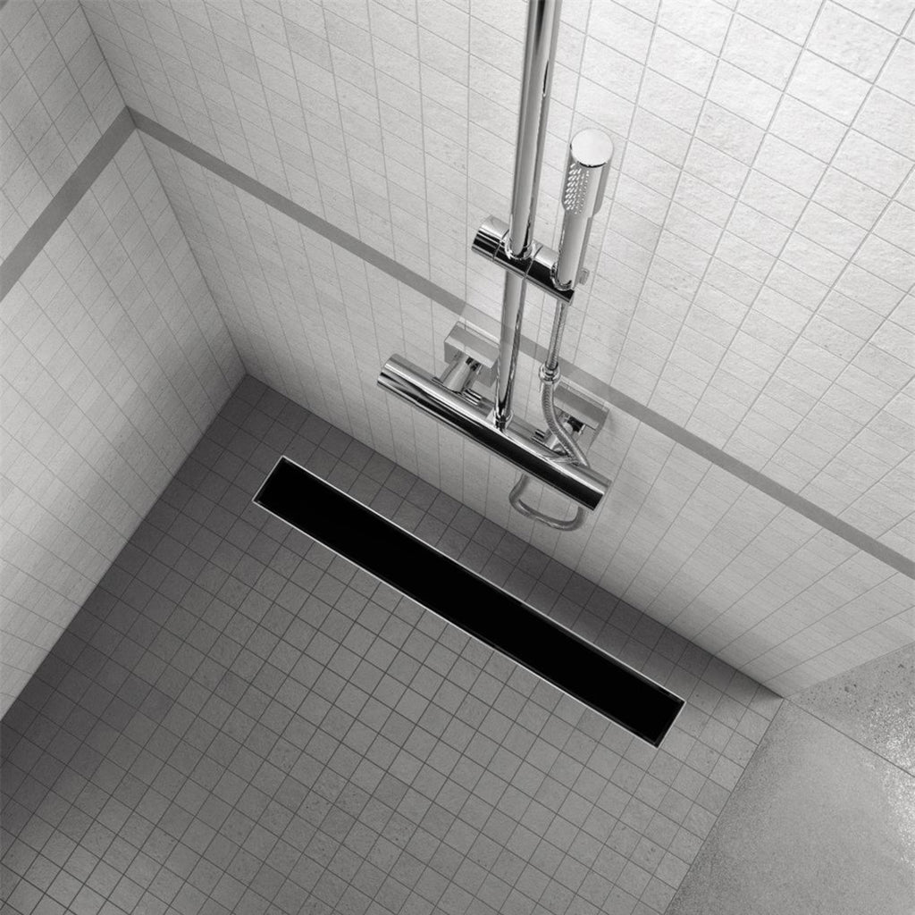 Ralo de duche retangular em aço inoxidável ultraplano Modelo R3 Drenagem de Vidro Preto