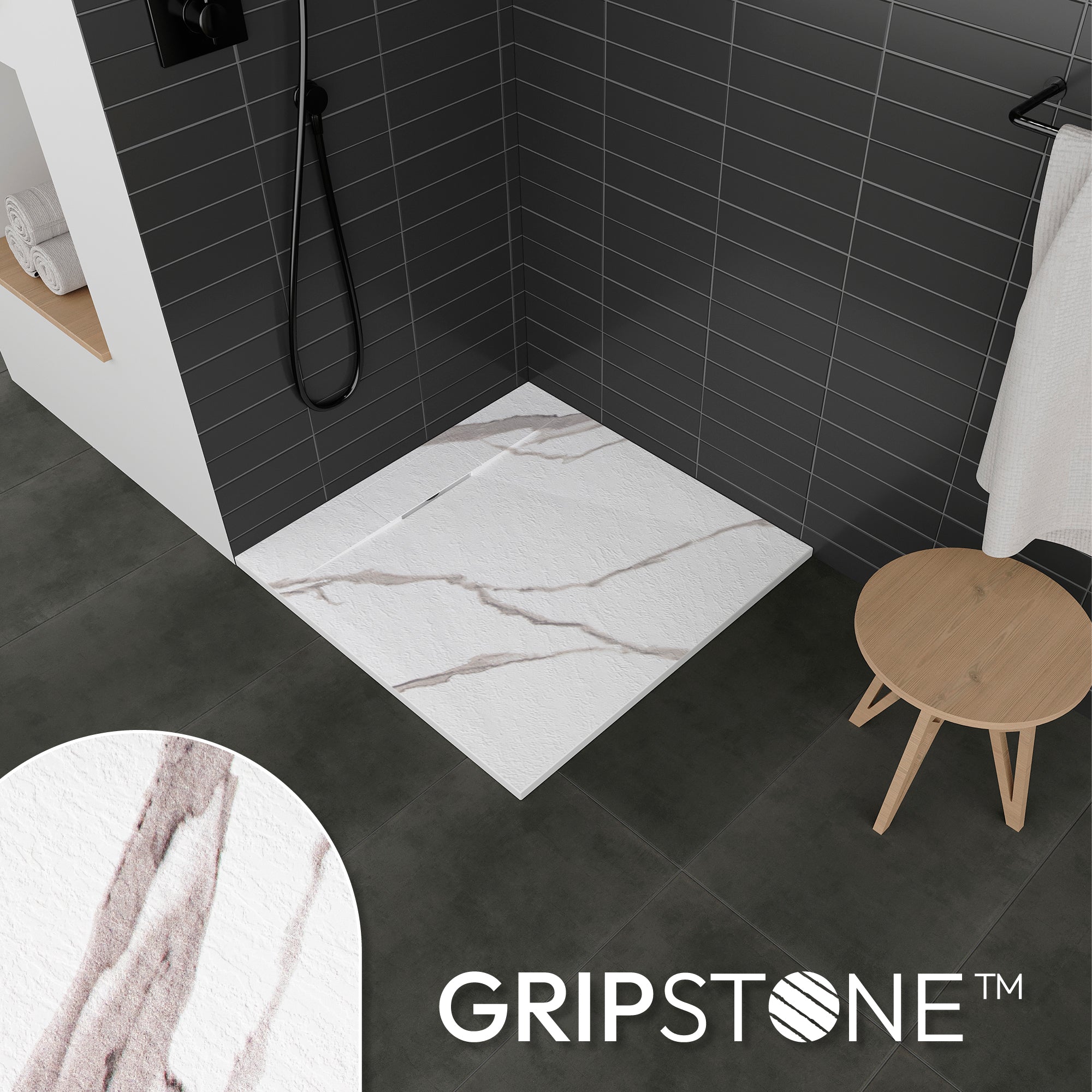 POLAR - Base de Duche Carrara Antiderrapante, Resistente, Duradouro e Fácil de Limpar - Inc. sifão