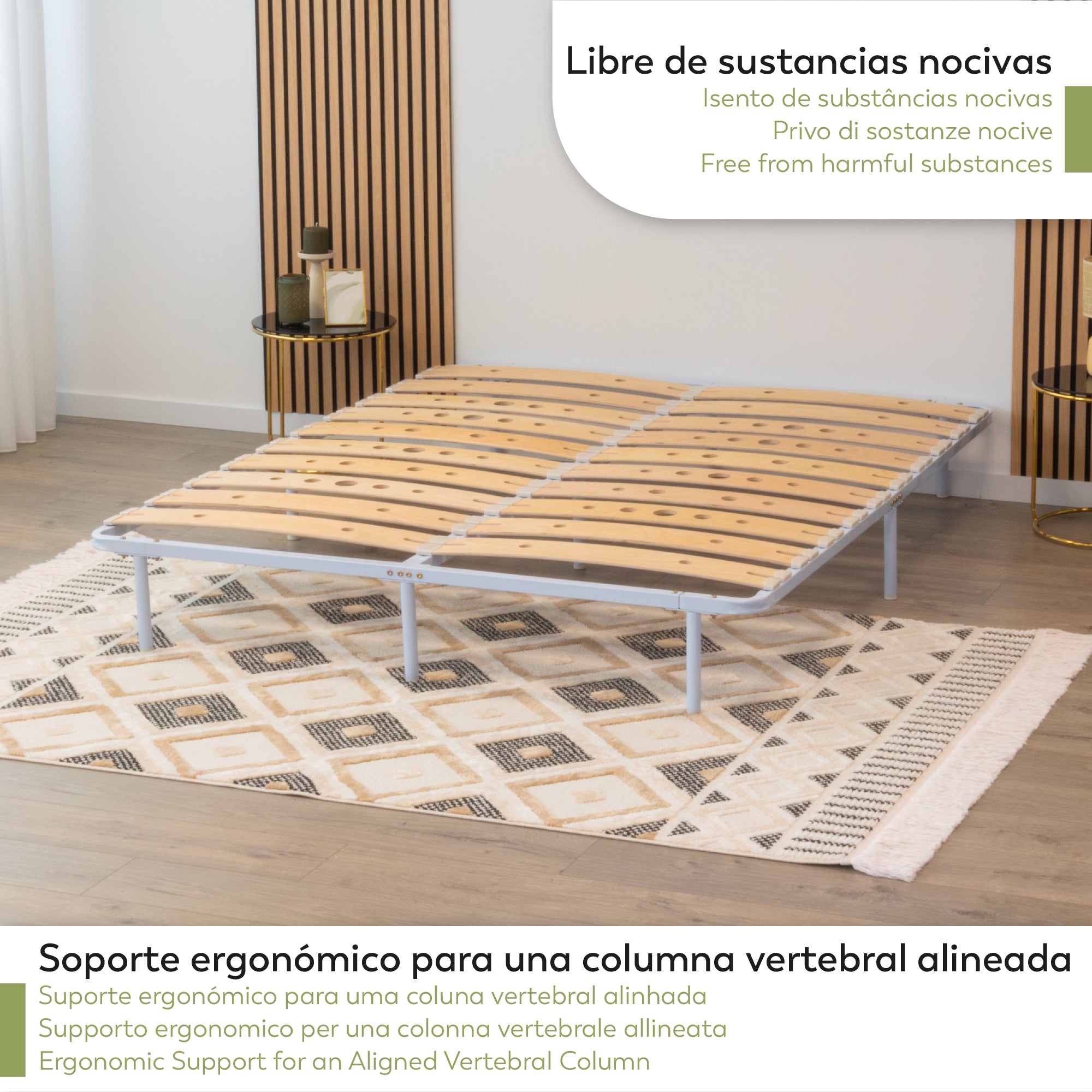 Austen | Somier de lamas de madera de abedul acolchadas, estructura metálica blanca, altura 23cm con espacio de almacenaje inferior