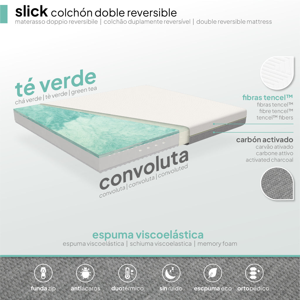 SLICK - Colchão viscoelástico reversível com 7 Zonas ergonómicas e espuma Green Tea