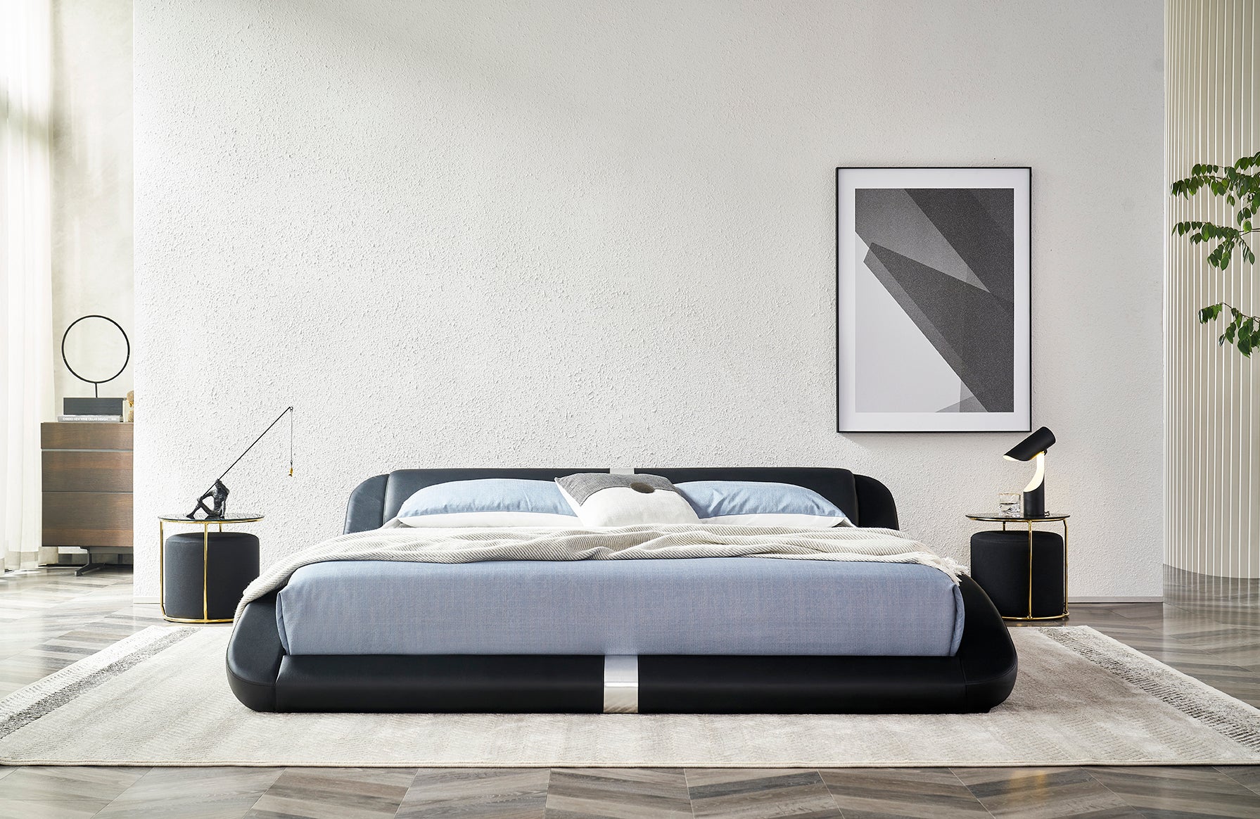 PAOLA – Cama estofada em pele sintética preta com cabeceira ondulada acolchoada