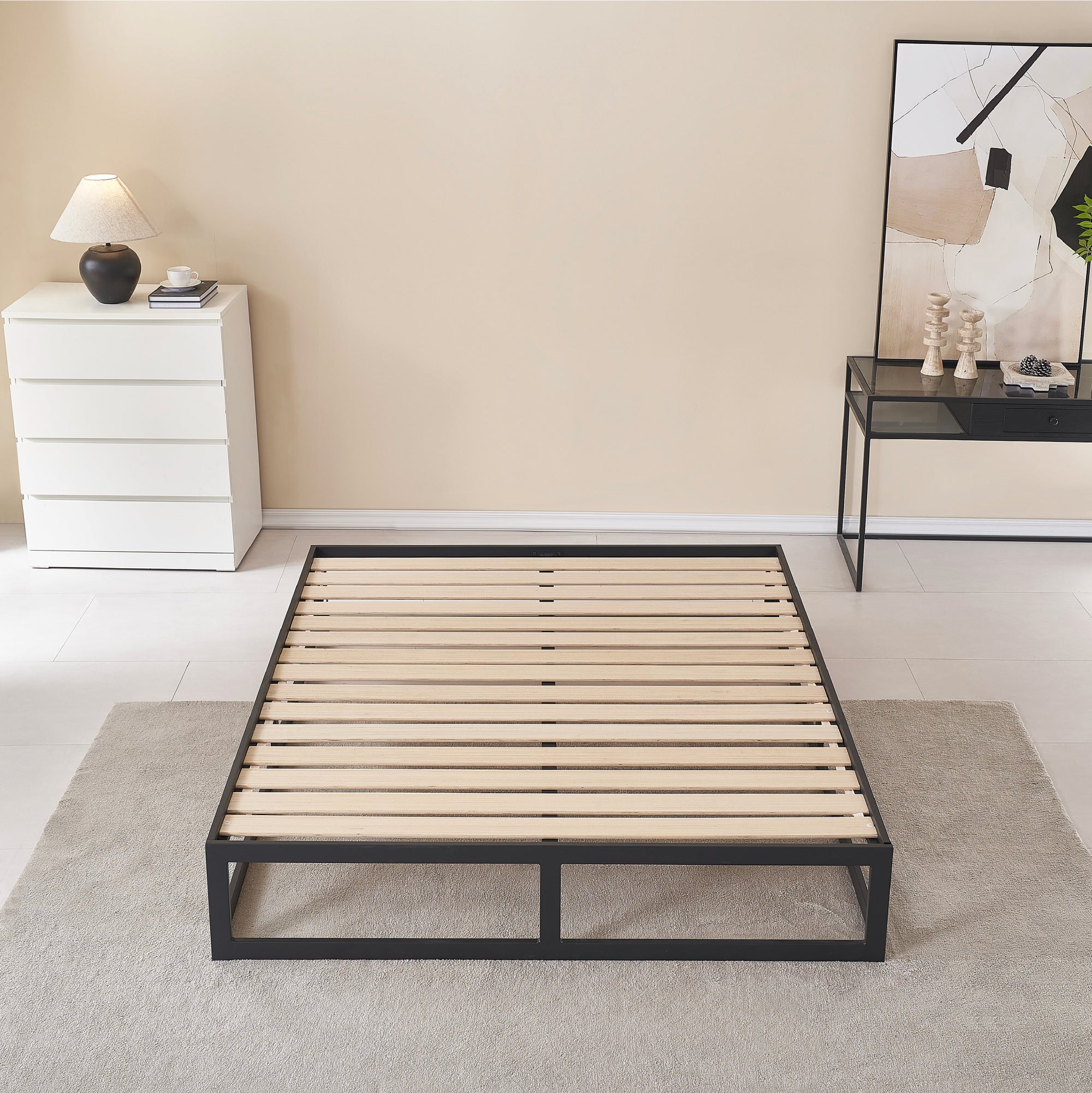 HARUKI – Cama com estrutura metálica e ripas de madeira natural, arrumação 31,8 cm  – Preto ou Branco
