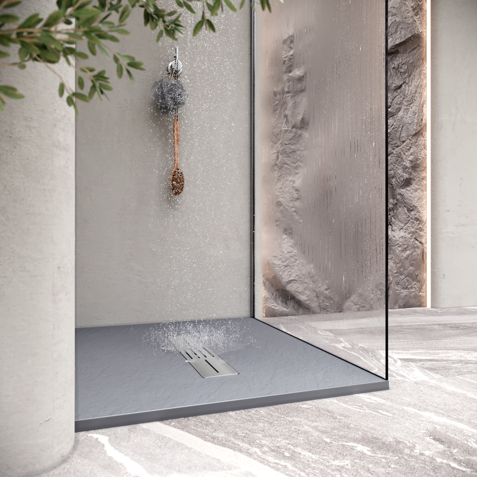 LUMIA - Base de Duche Cinzenta Antiderrapante, Resistente, Duradouro - Inc. Sifão e Grelha de Inox