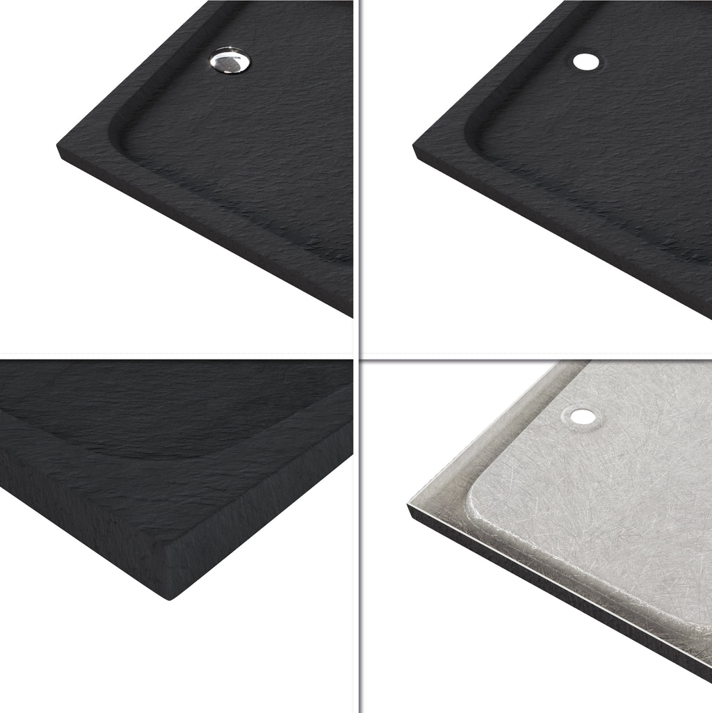 SHIMMER - Base de Duche Preta Stone Acrílica, Textura Pedra, Extraplana 5cm, Sifão e Válvula Incluído