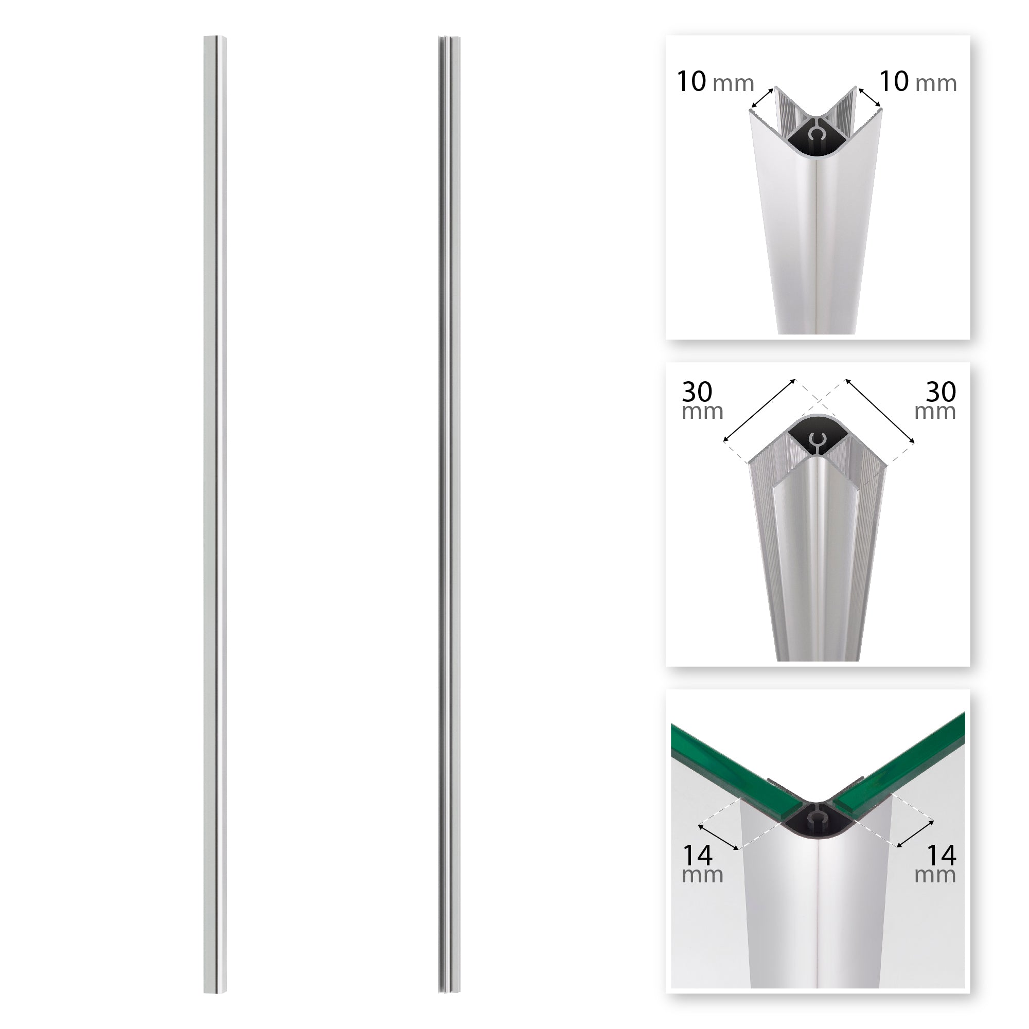 Perfil de Esquina Walk-In em Alumínio Cromado - Vários Tamanhos