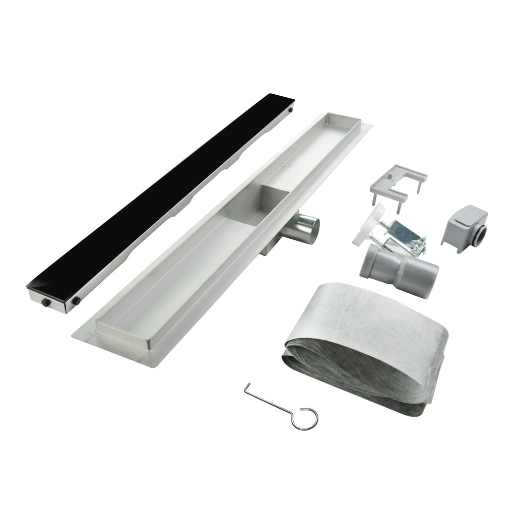 Ralo de duche retangular em aço inoxidável ultraplano Modelo R3 Drenagem de Vidro Preto