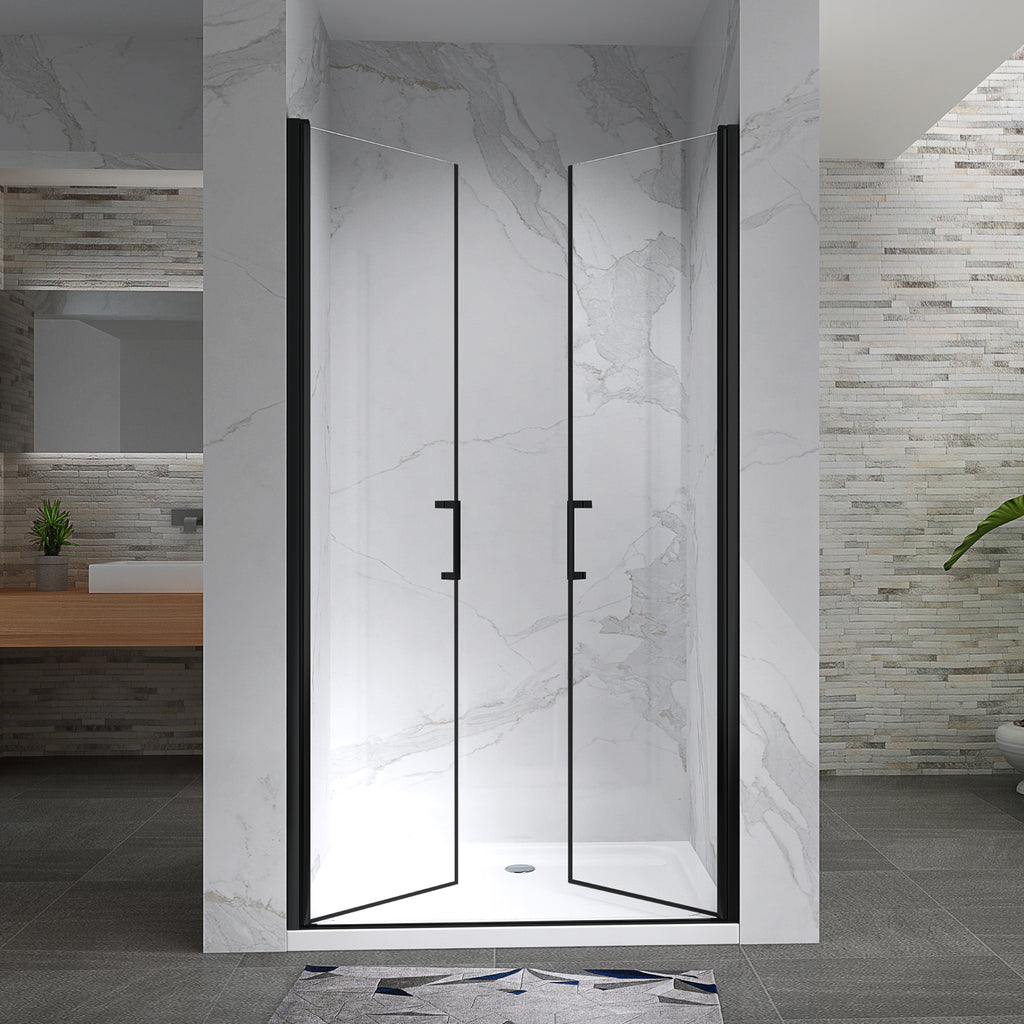 LARA - Frontal de duche em vidro temperado de 6 mm, portas batentes e perfis pretos
