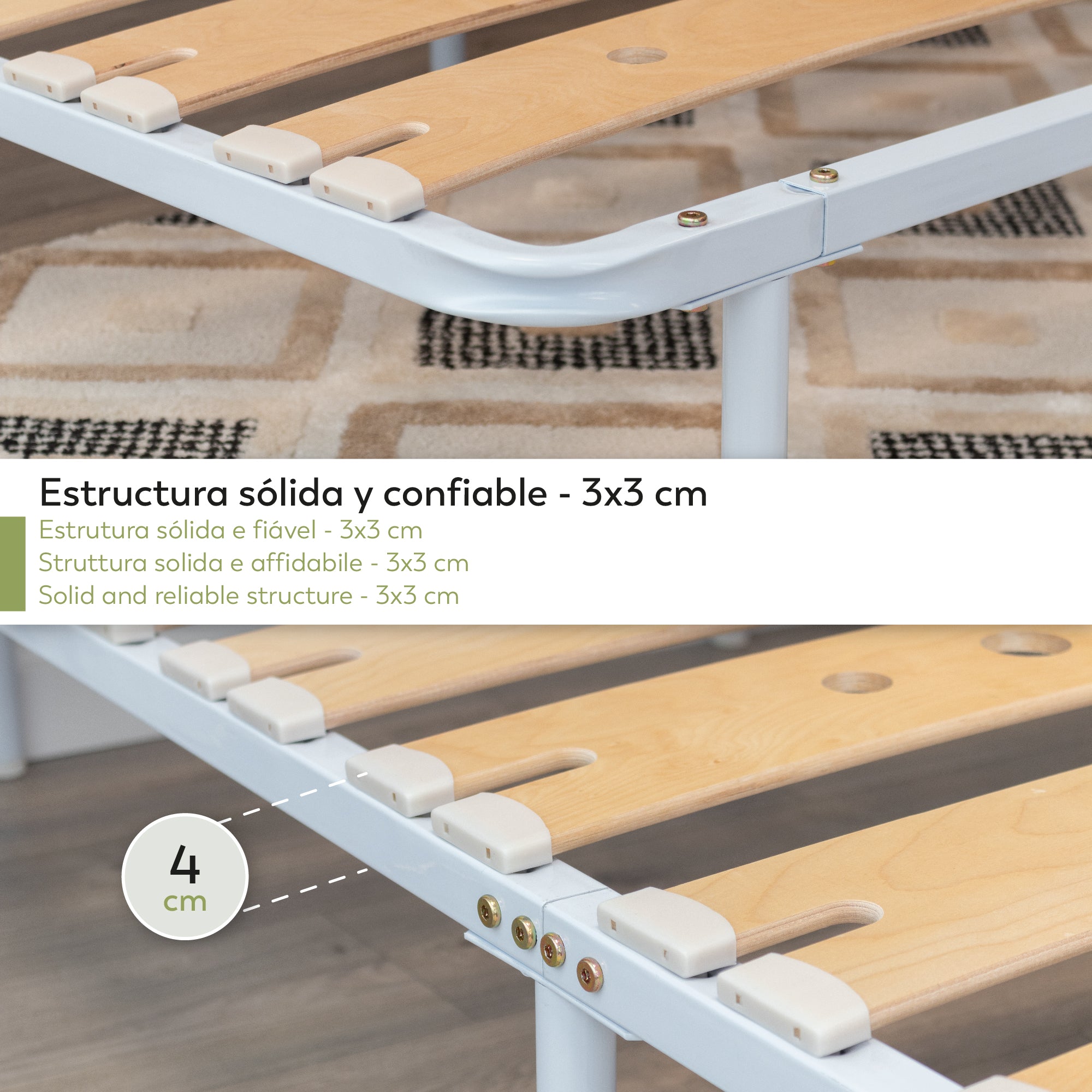 Austen | Somier de lamas de madera de abedul acolchadas, estructura metálica blanca, altura 23cm con espacio de almacenaje inferior