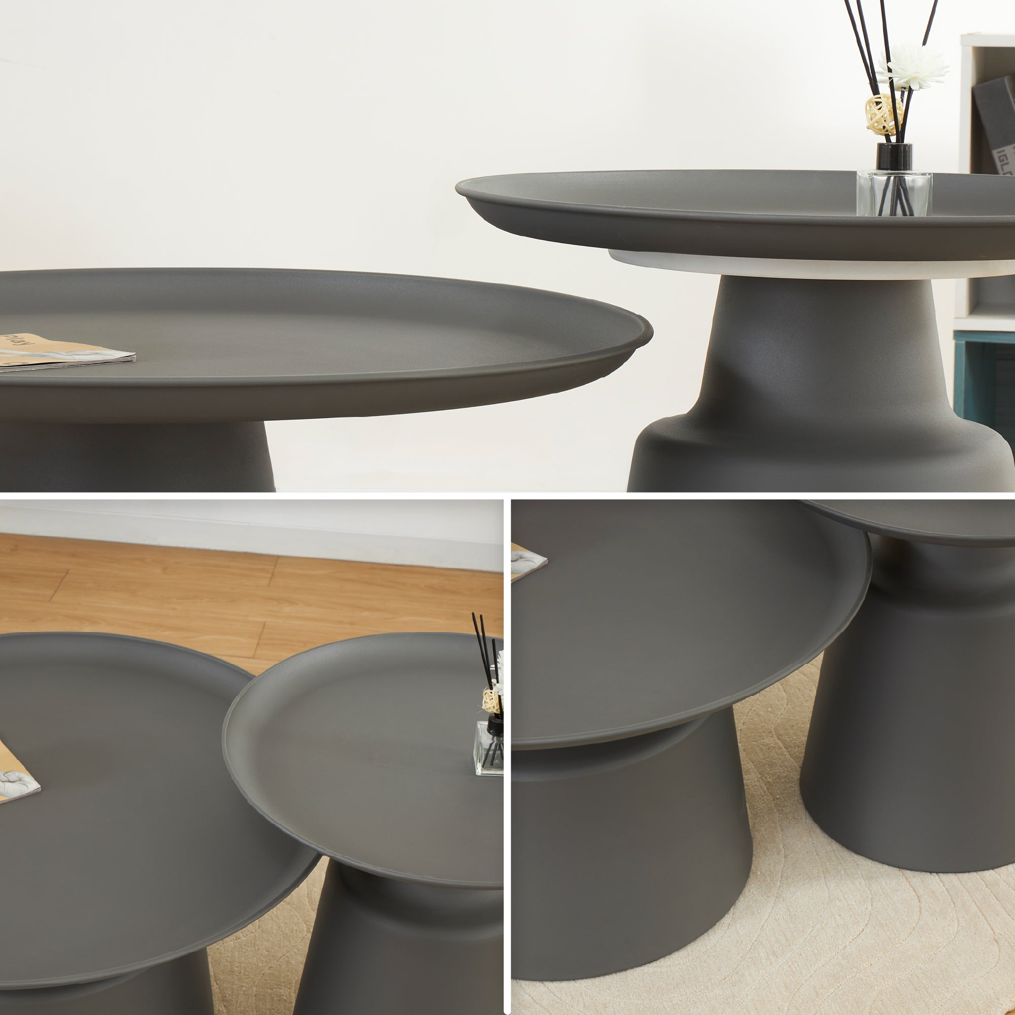 ONAT - Conjunto de 2 mesas de café/centro com estrutura metálica e acabamento preto (Ø65 e Ø45 cm)