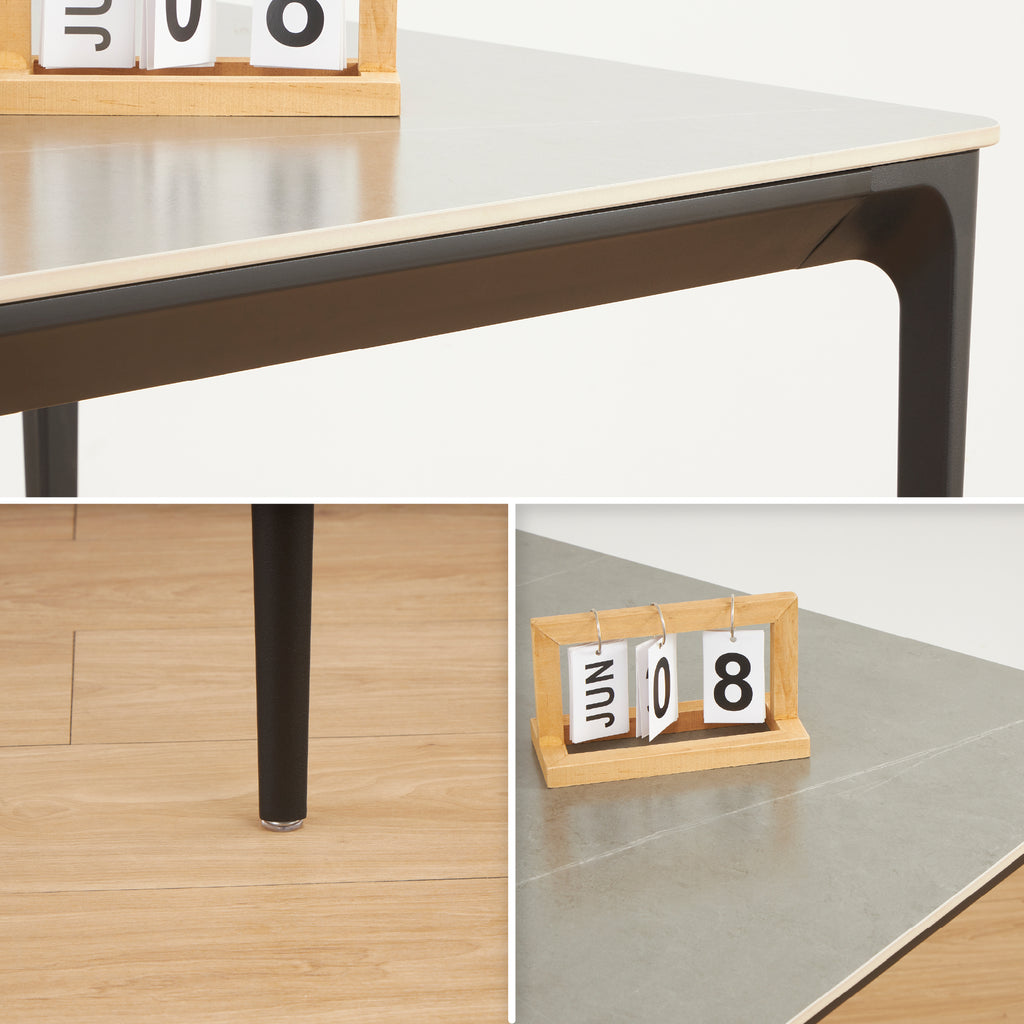 RUTH - Mesa de refeição 140x80cm para interior e exterior, tampo em cerâmica sinterizada efeito pedra e estrutura em alumínio preto