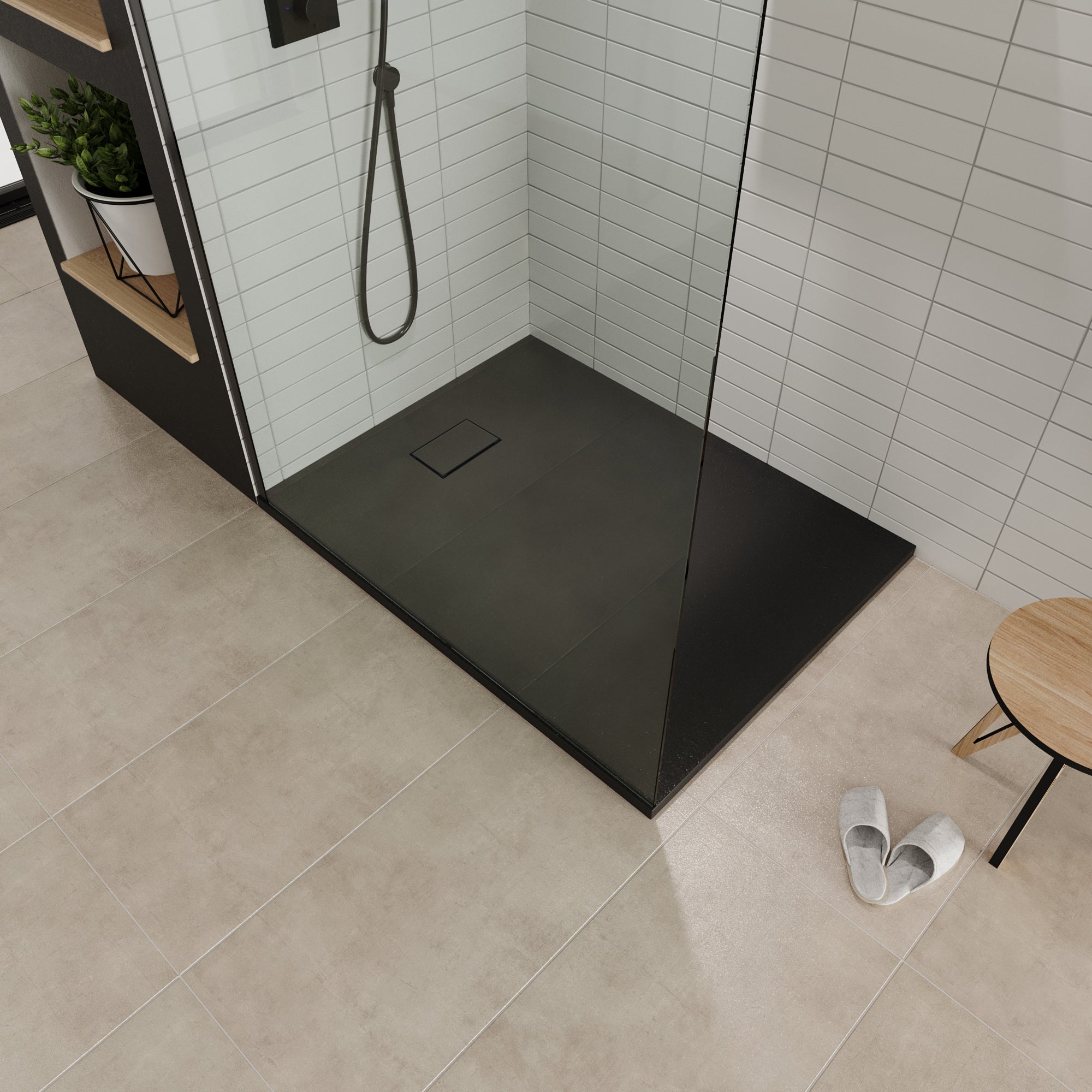 BOREAL - Base de Duche Preta Antiderrapante, Resistente, Duradouro e Fácil de Limpar - Inc. sifão