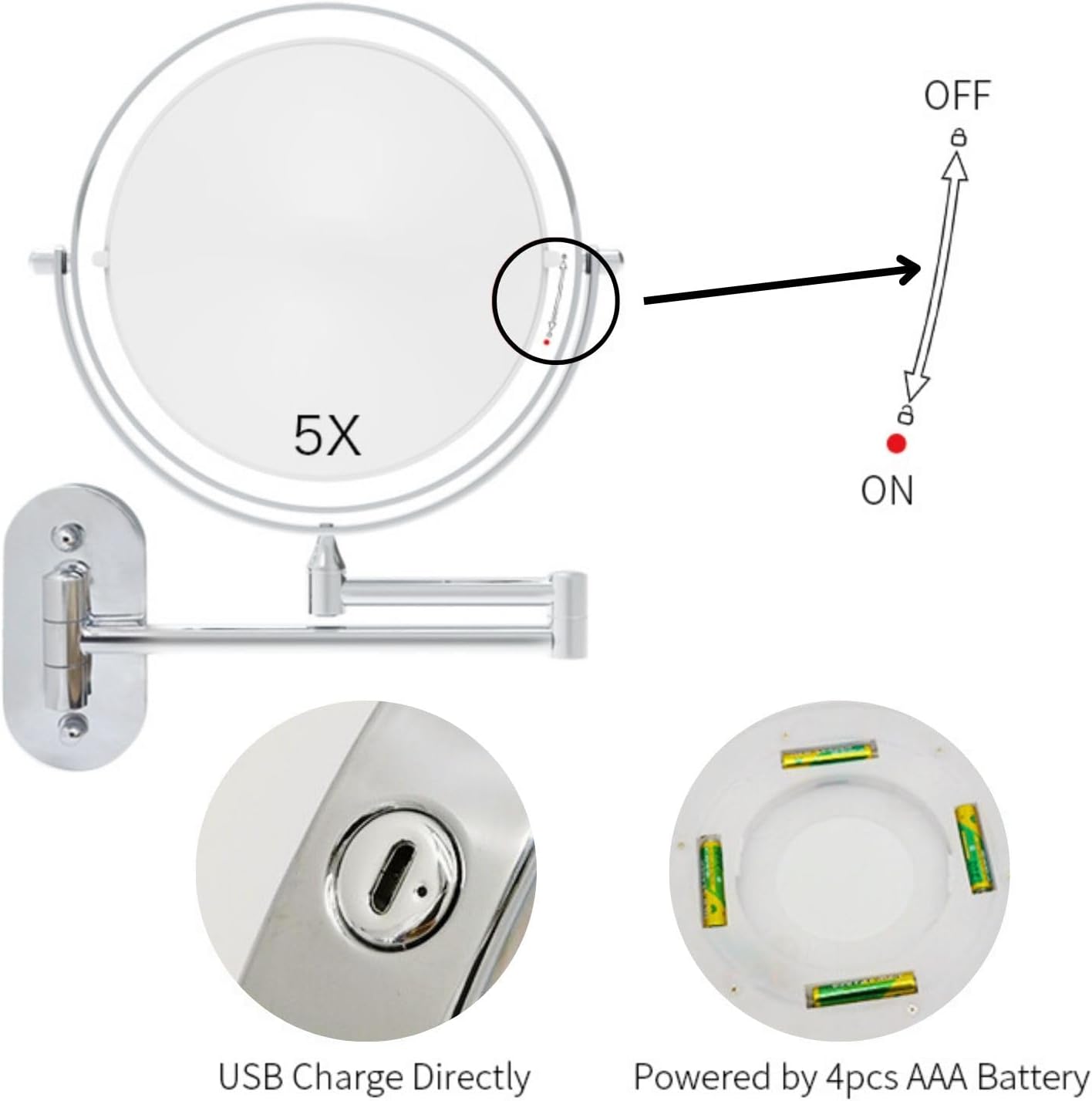 Espelho de Barbear /Maquilhagem Recarregável com LED, Aumento 5X, Rotação 360º