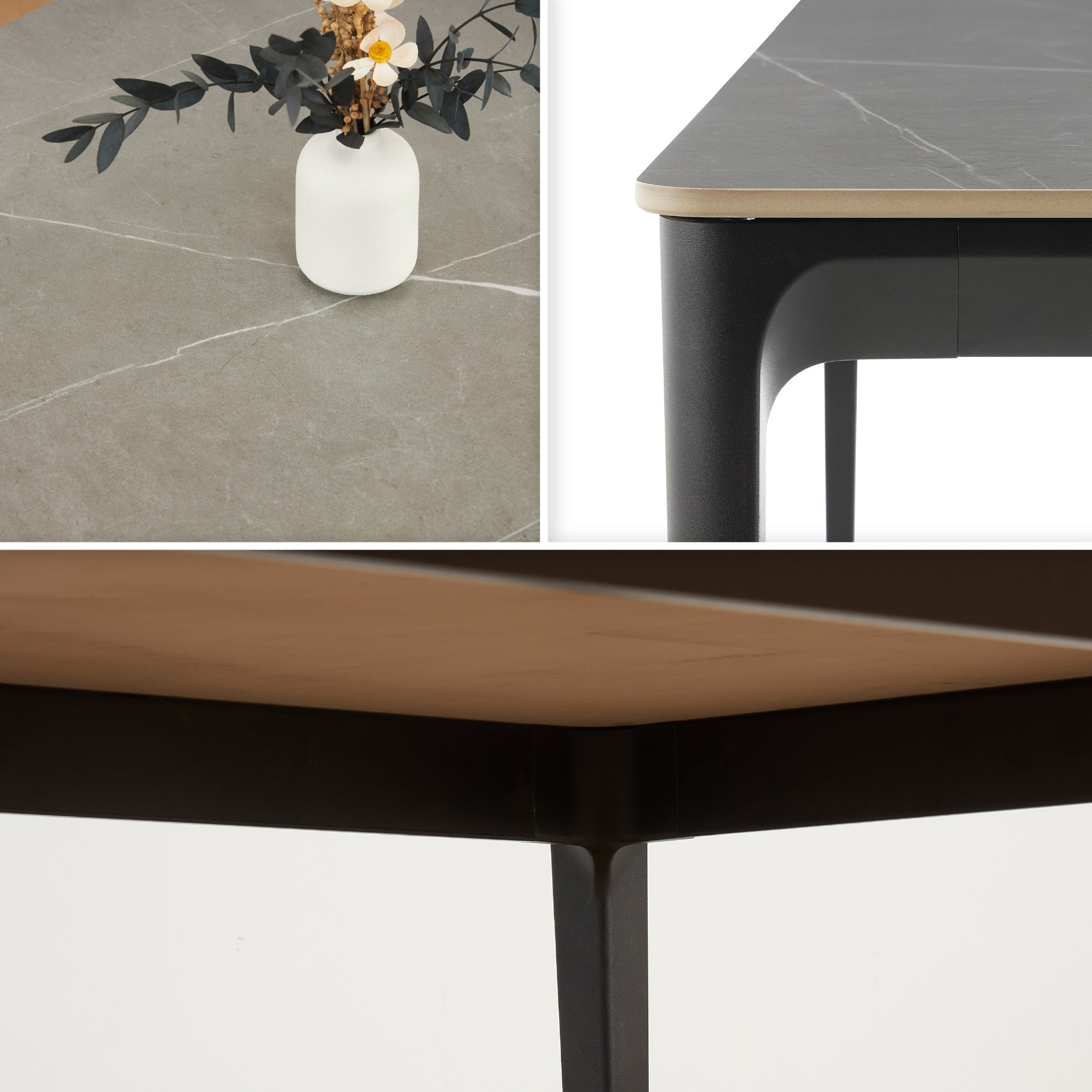 RUTH - Mesa de refeição 140x80cm para interior e exterior, tampo em cerâmica sinterizada efeito pedra e estrutura em alumínio preto