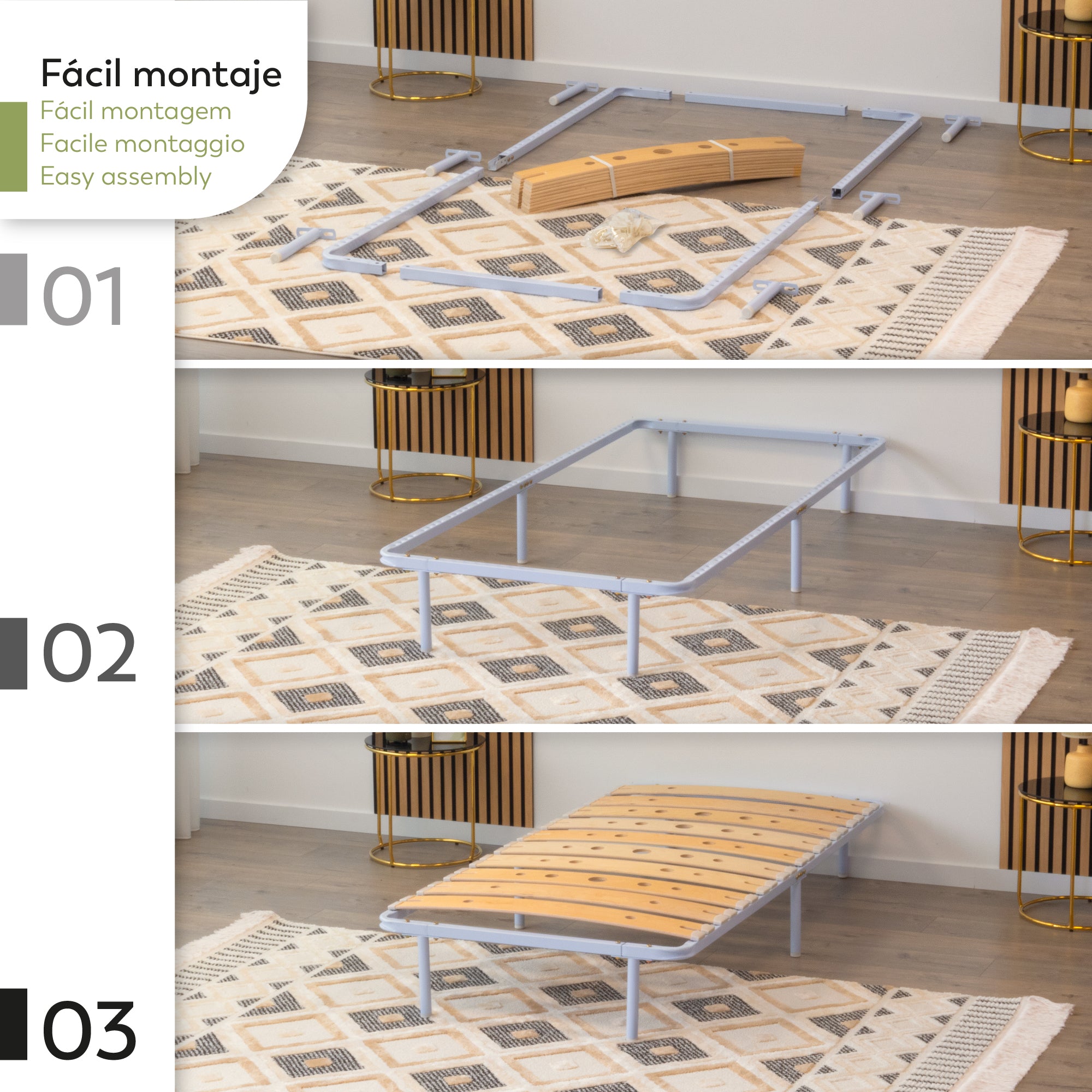 Austen | Somier de lamas de madera de abedul acolchadas, estructura metálica blanca, altura 23cm con espacio de almacenaje inferior