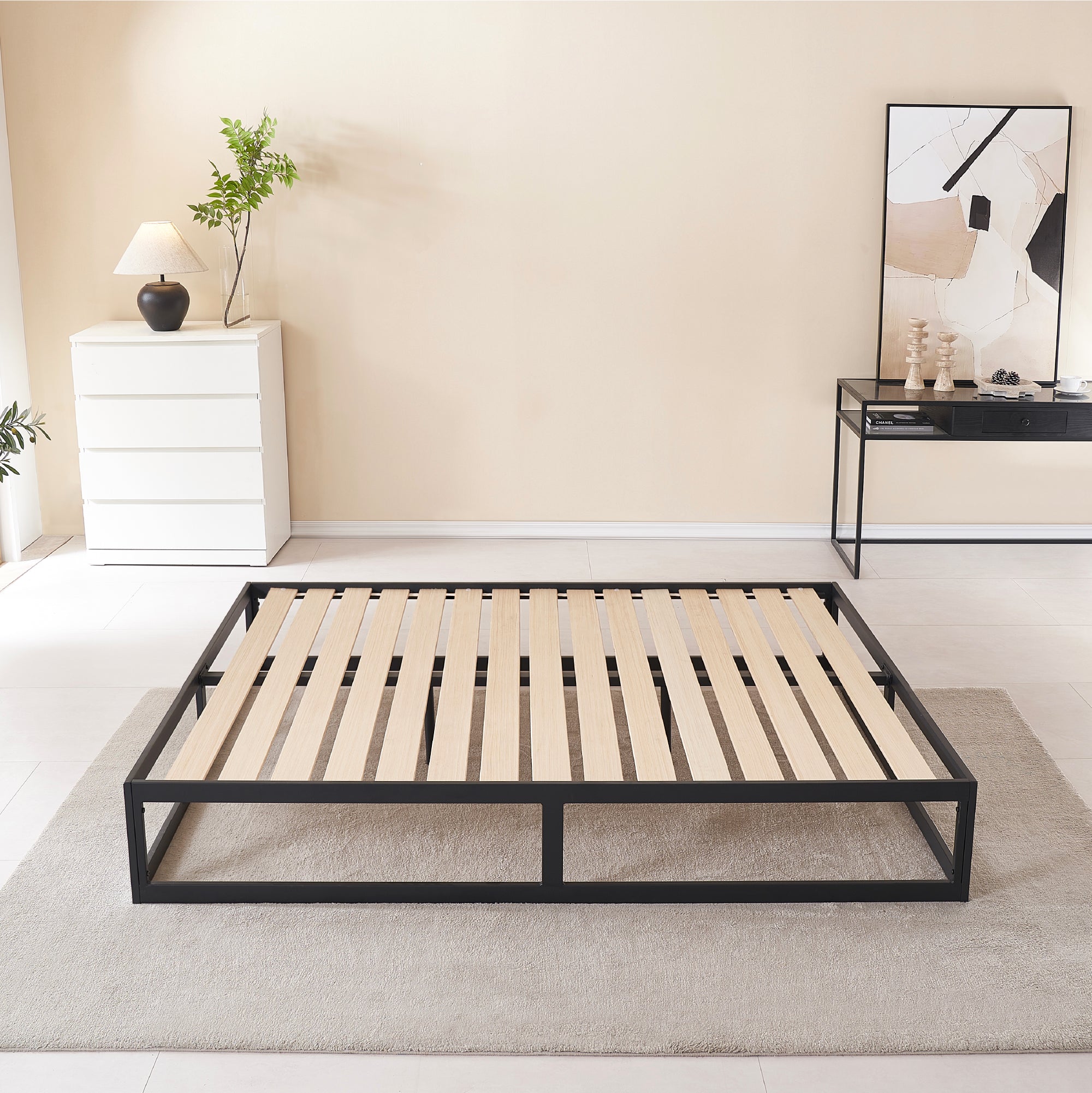 HARUKI – Cama com estrutura metálica e ripas de madeira natural, arrumação 31,8 cm  – Preto ou Branco