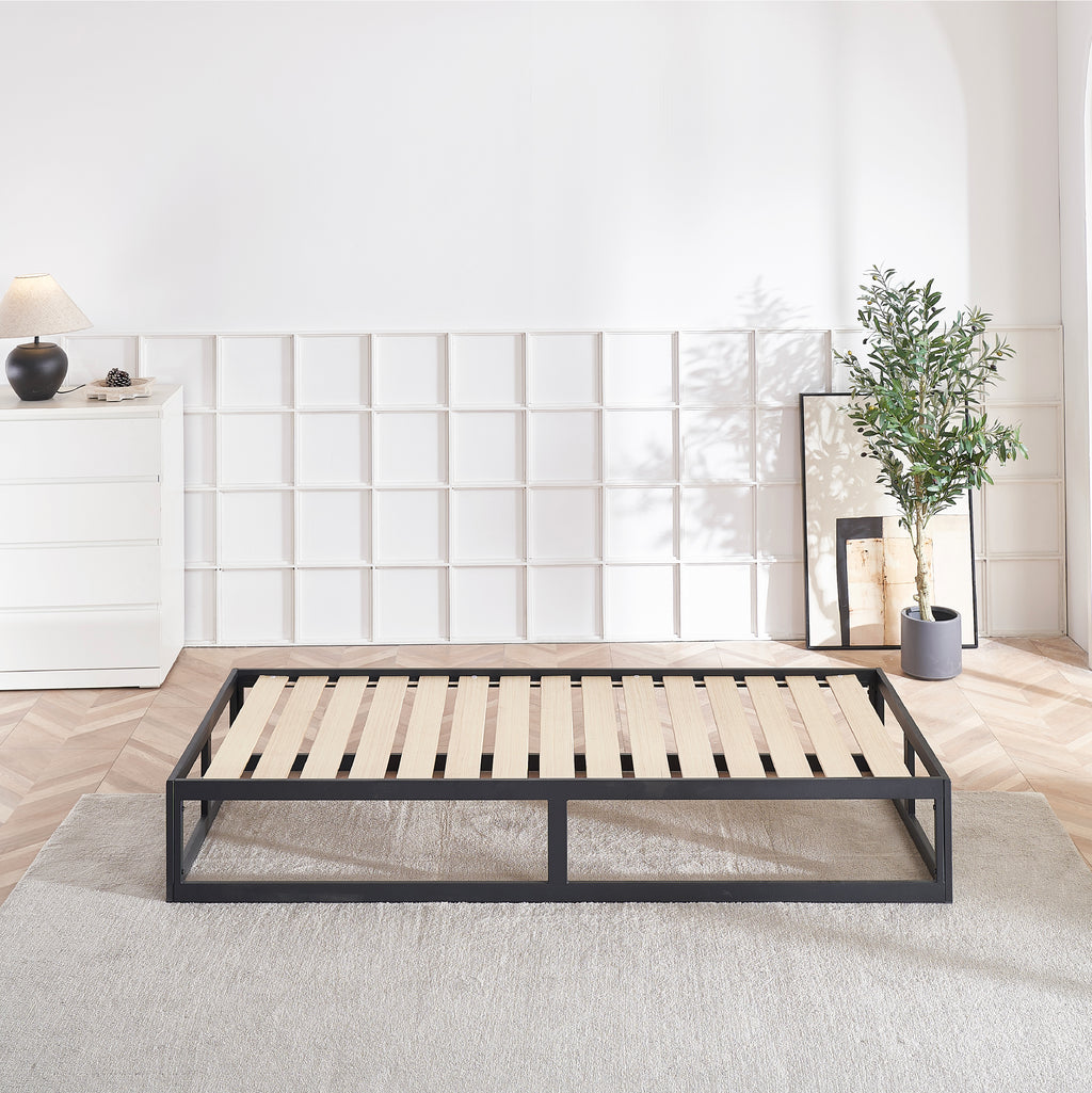 HARUKI – Cama com estrutura metálica e ripas de madeira natural, arrumação 31,8 cm  – Preto ou Branco
