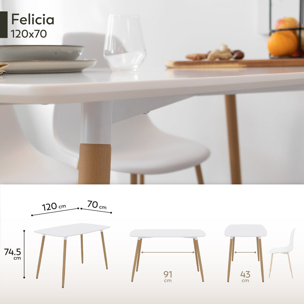 FELICIA - Mesa de jantar 120x70x74,5 cm – Estrutura metálica efeito madeira, pés antiderrapantes, montagem fácil