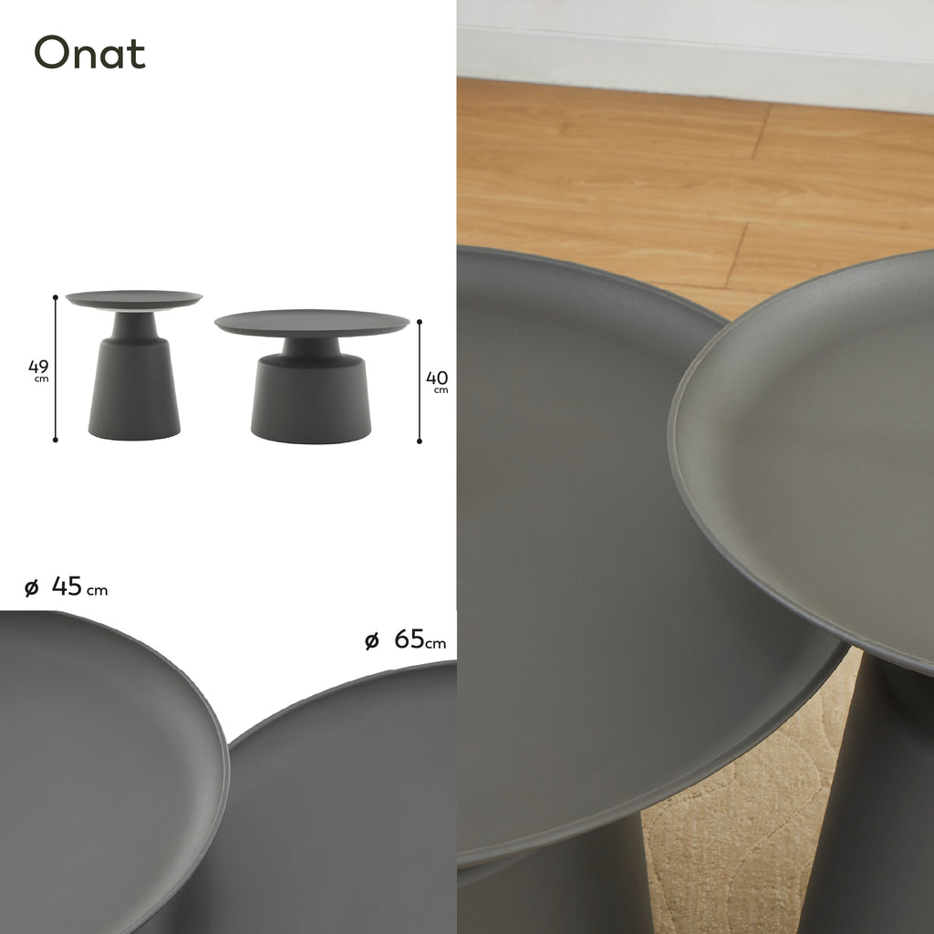 ONAT - Conjunto de 2 mesas de café/centro com estrutura metálica e acabamento preto (Ø65 e Ø45 cm)
