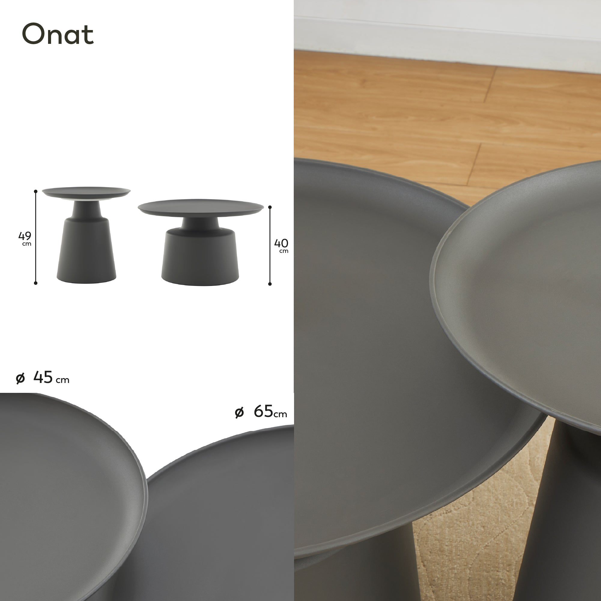 ONAT - Conjunto de 2 mesas de café/centro com estrutura metálica e acabamento preto (Ø65 e Ø45 cm)