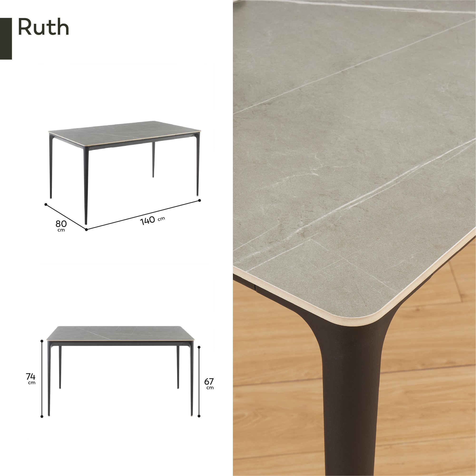 RUTH - Mesa de refeição 140x80cm para interior e exterior, tampo em cerâmica sinterizada efeito pedra e estrutura em alumínio preto