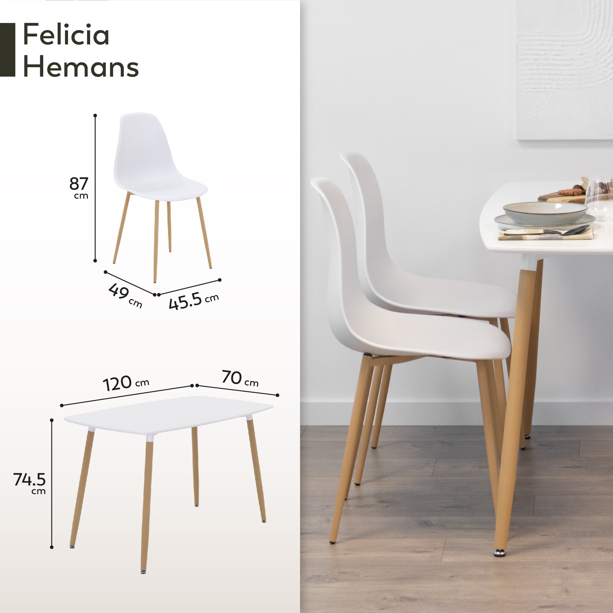 Conjunto de Mesa e Cadeiras Felicia Hemans, Estrutura Metálica Efeito Madeira