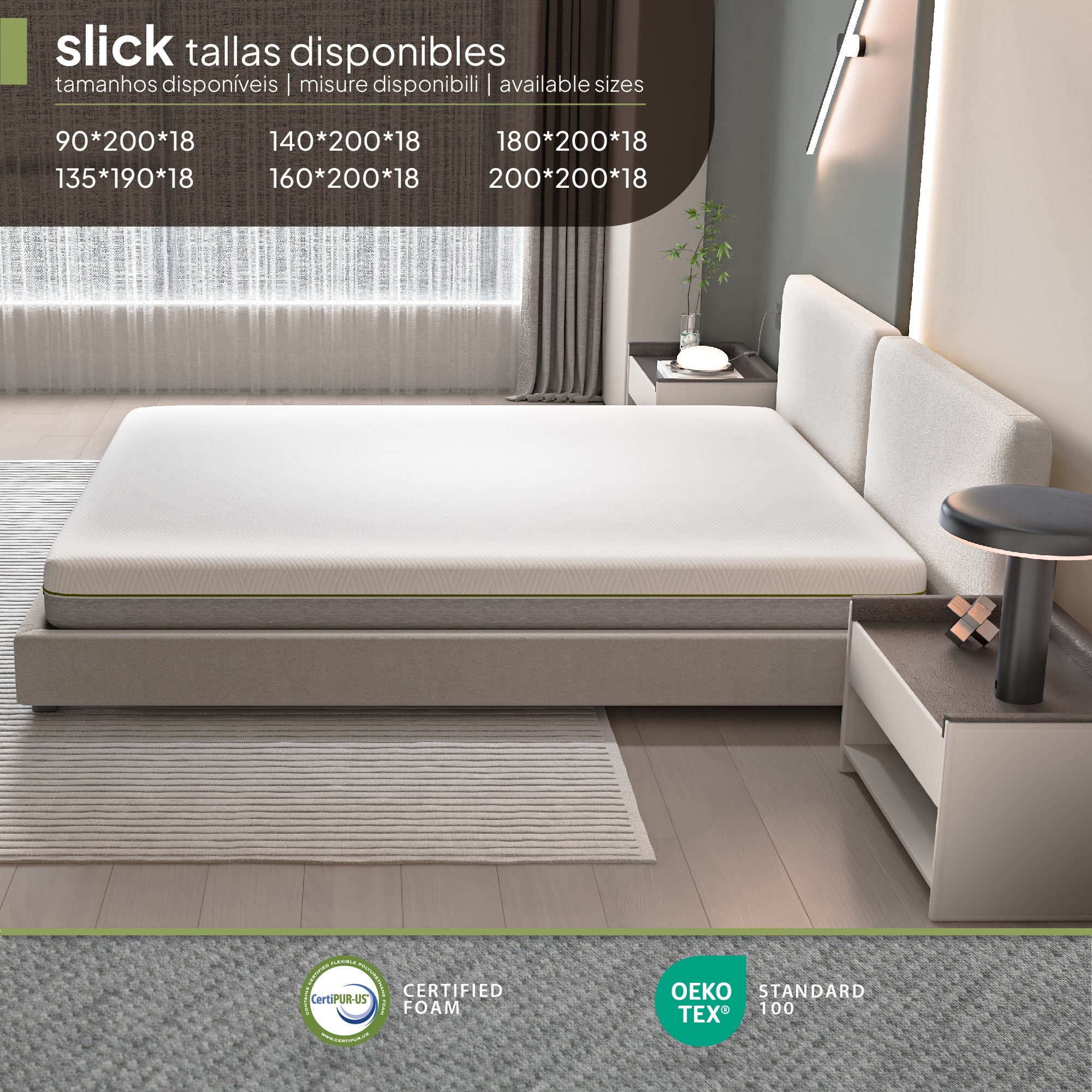 SLICK - Colchão viscoelástico reversível com 7 Zonas ergonómicas e espuma Green Tea