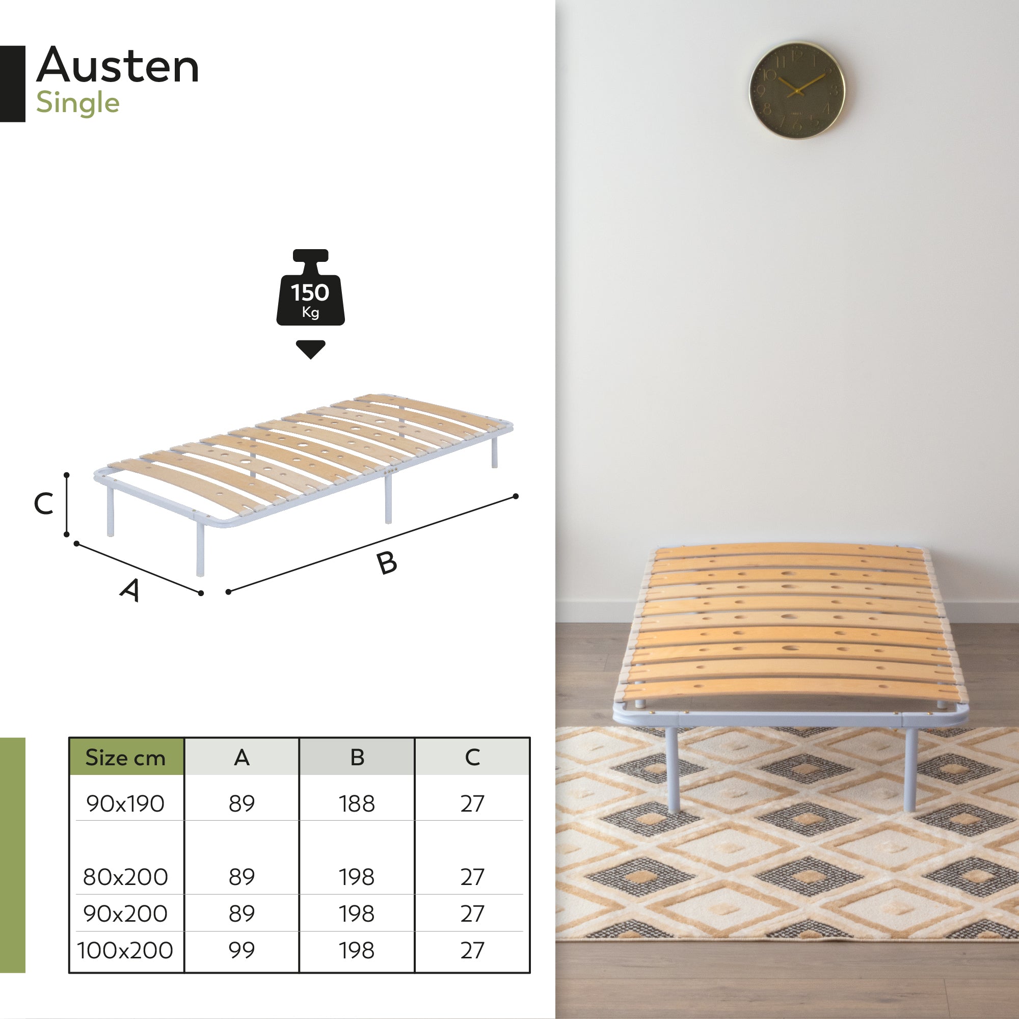 Austen | Somier de lamas de madera de abedul acolchadas, estructura metálica blanca, altura 23cm con espacio de almacenaje inferior