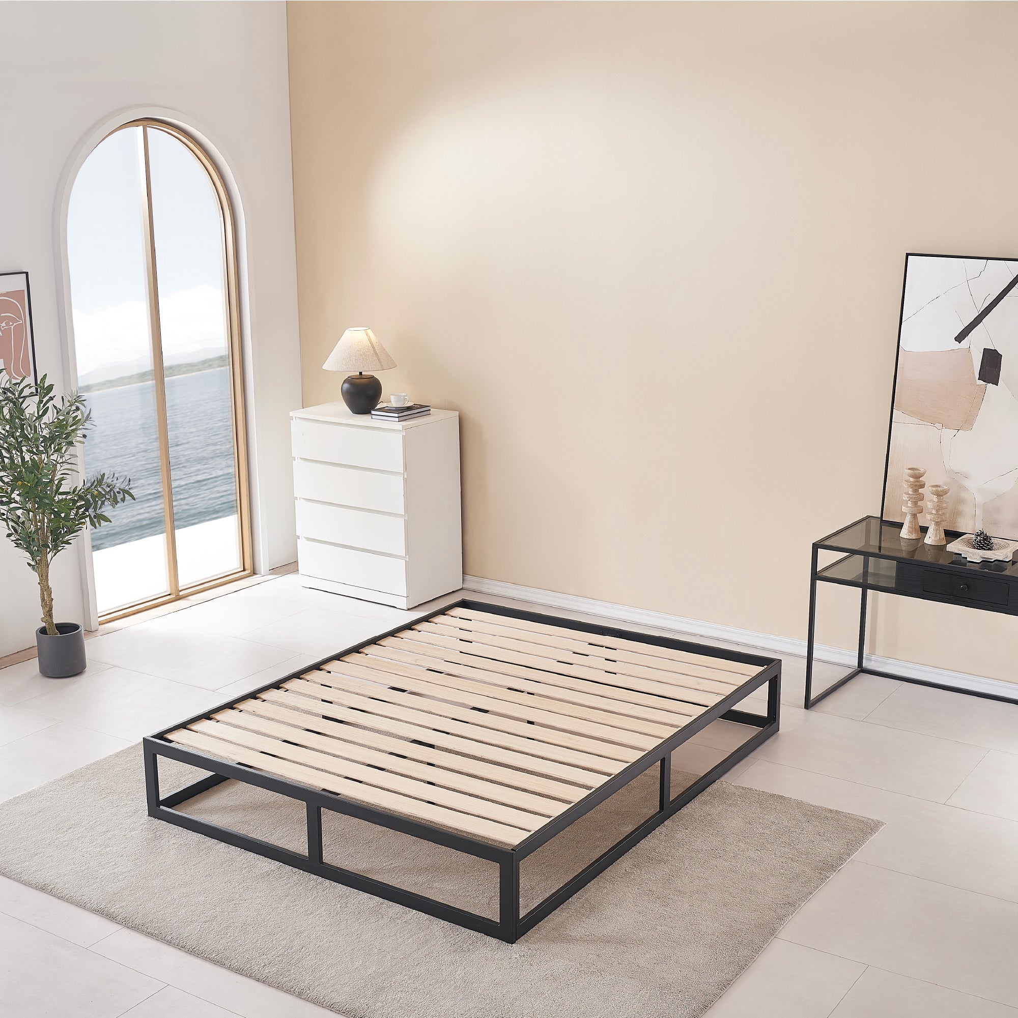 HARUKI – Cama com estrutura metálica e ripas de madeira natural, arrumação 31,8 cm  – Preto ou Branco