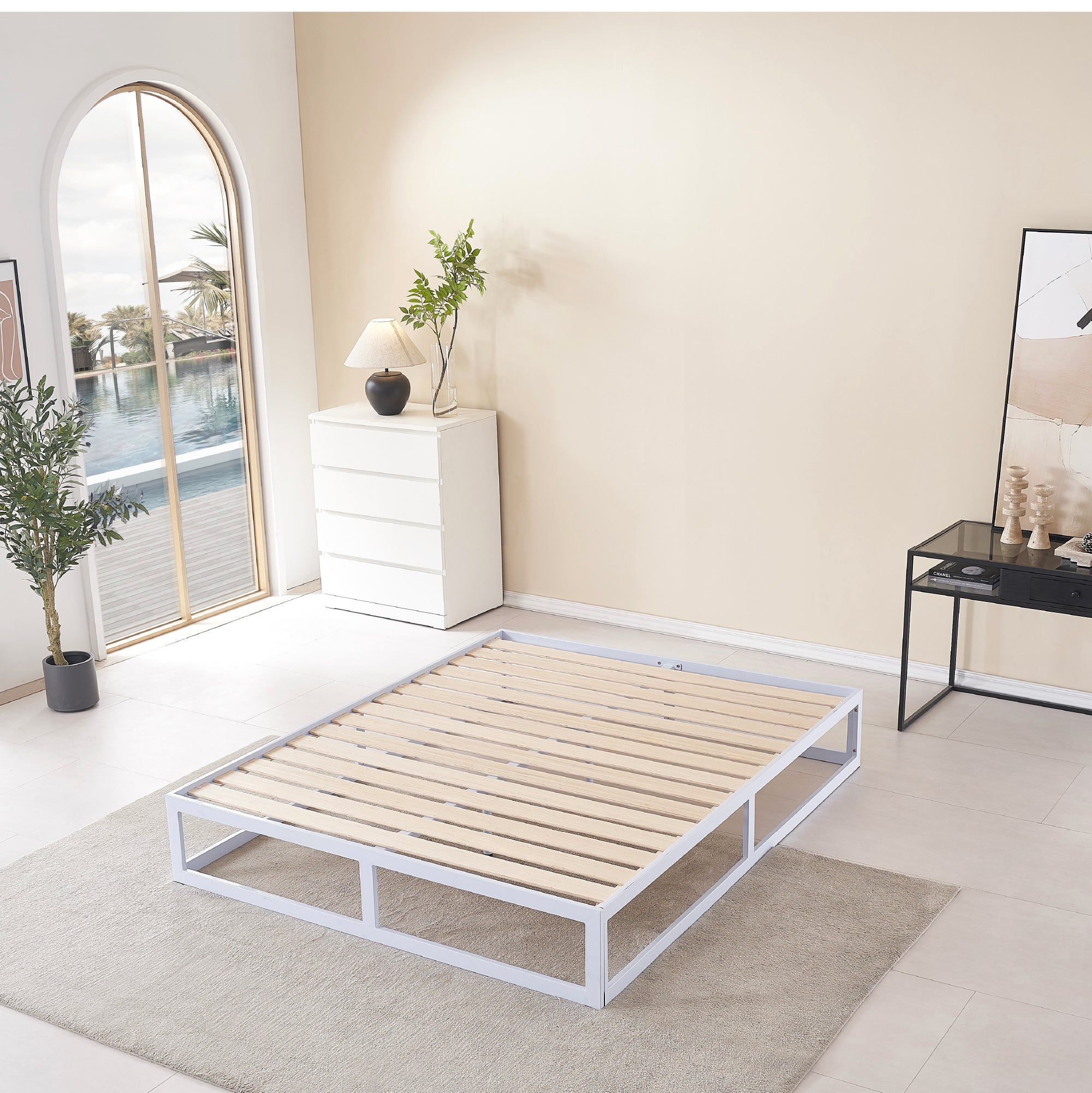 HARUKI – Cama com estrutura metálica e ripas de madeira natural, arrumação 31,8 cm  – Preto ou Branco