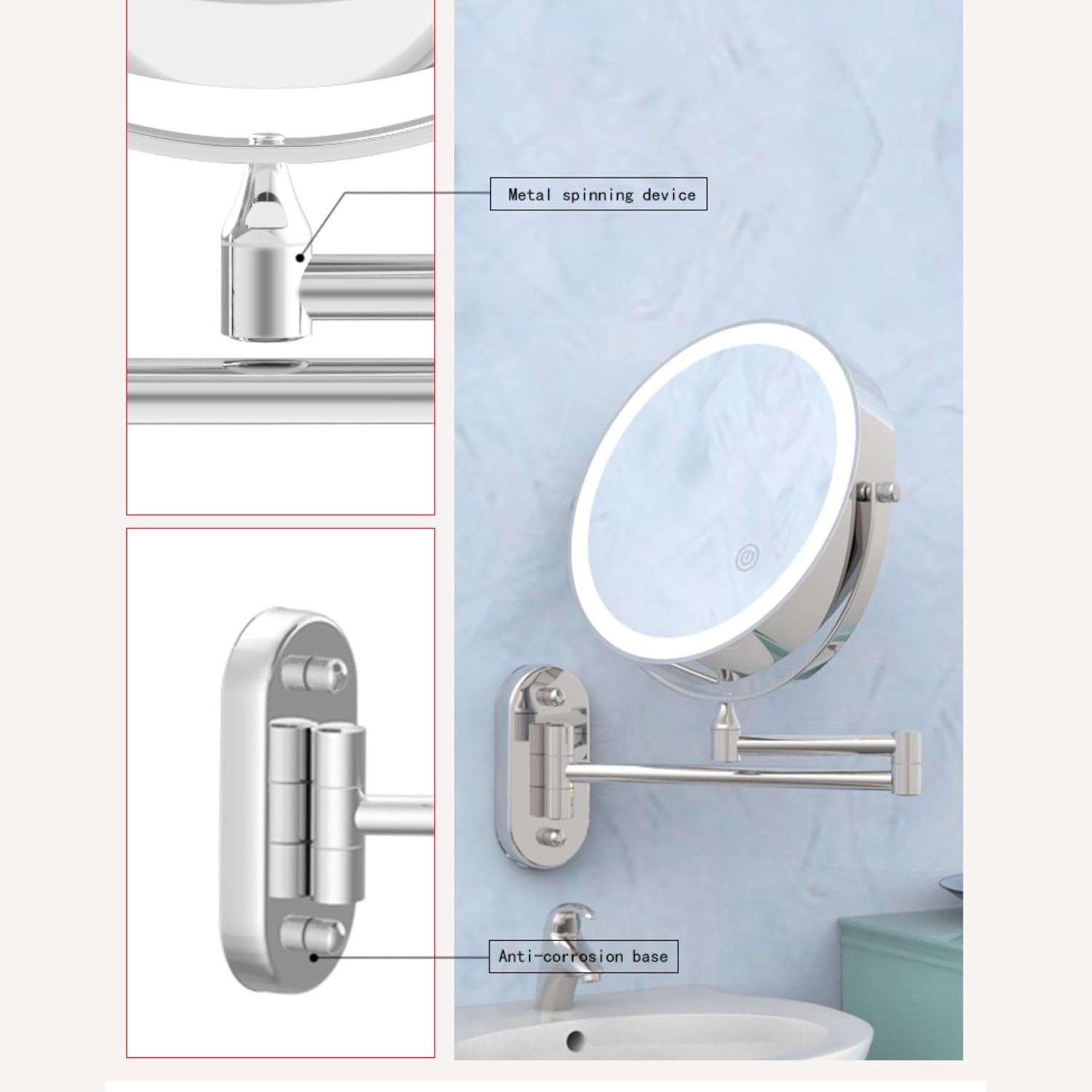Espelho de Barbear /Maquilhagem Recarregável com LED, Aumento 5X, Rotação 360º