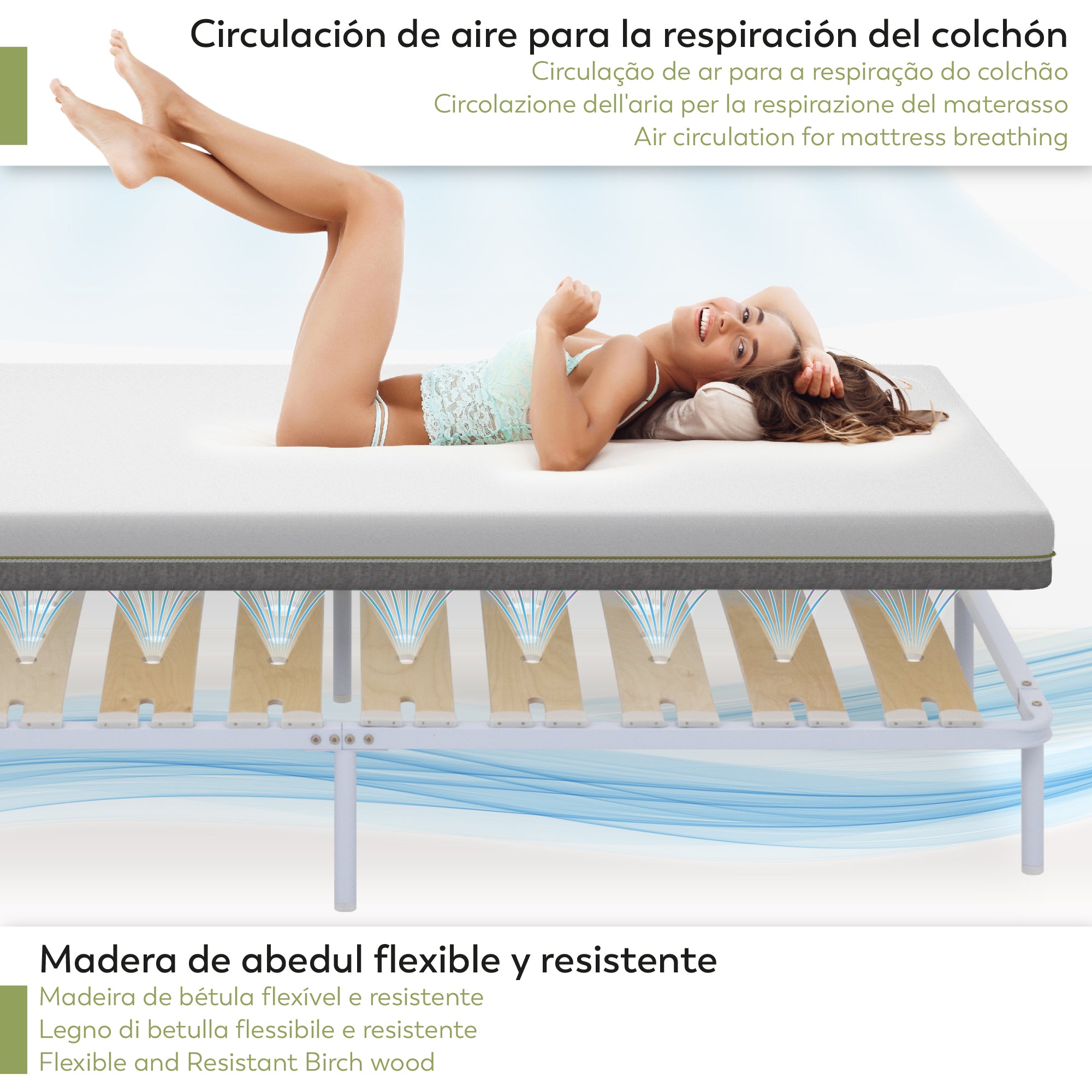 Austen | Somier de lamas de madera de abedul acolchadas, estructura metálica blanca, altura 23cm con espacio de almacenaje inferior