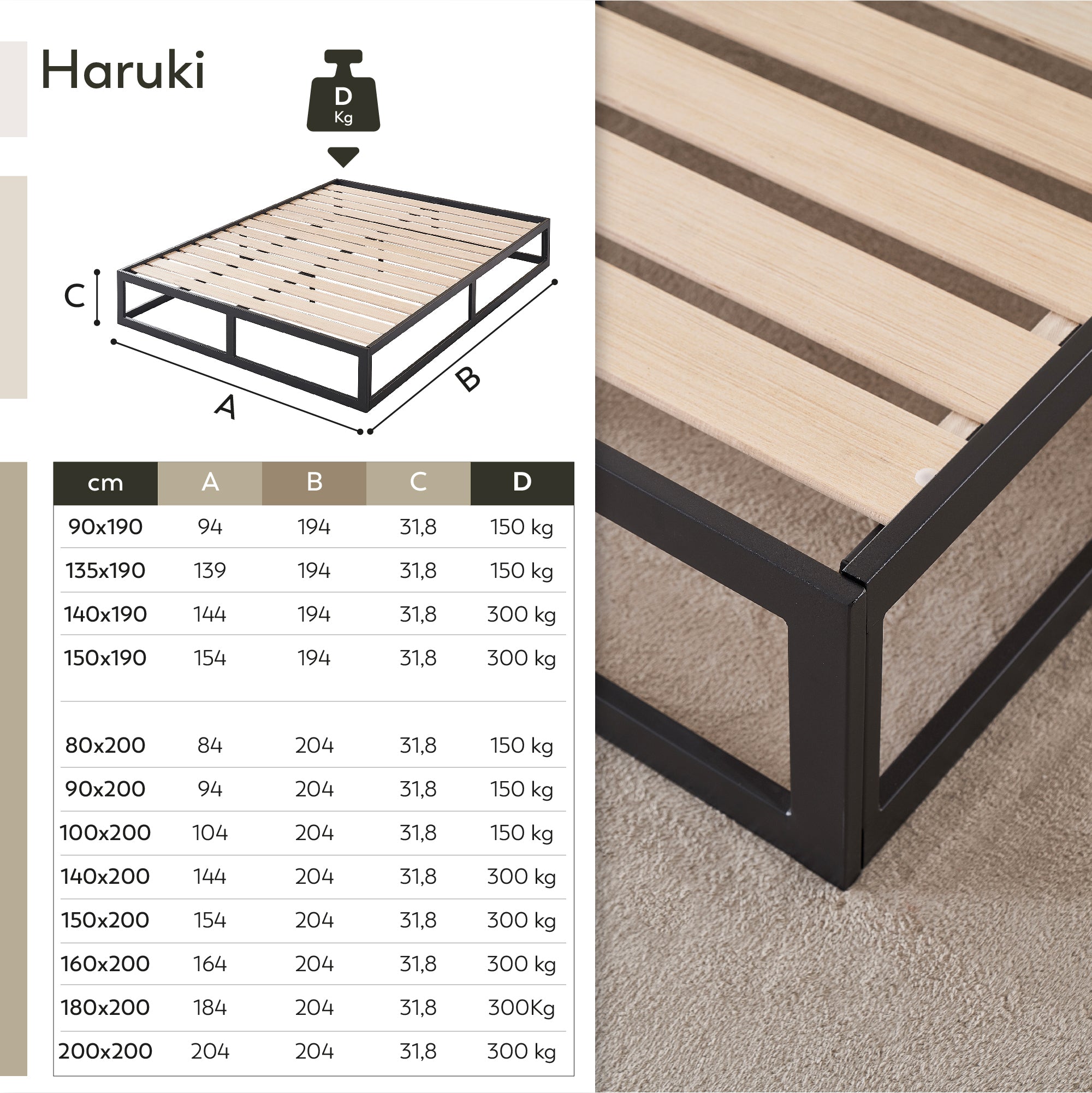 HARUKI – Cama com estrutura metálica e ripas de madeira natural, arrumação 31,8 cm  – Preto ou Branco