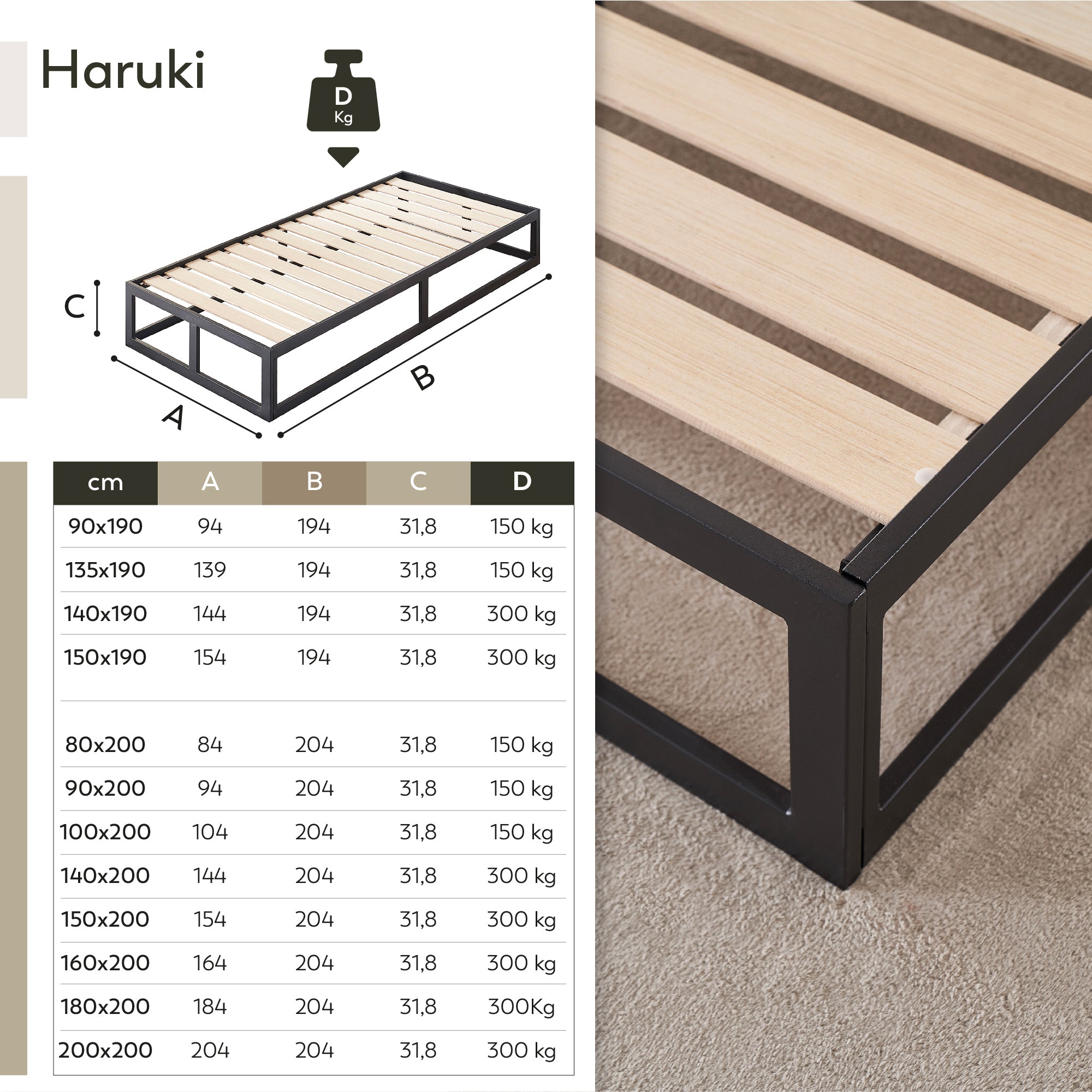 HARUKI – Cama com estrutura metálica e ripas de madeira natural, arrumação 31,8 cm  – Preto ou Branco