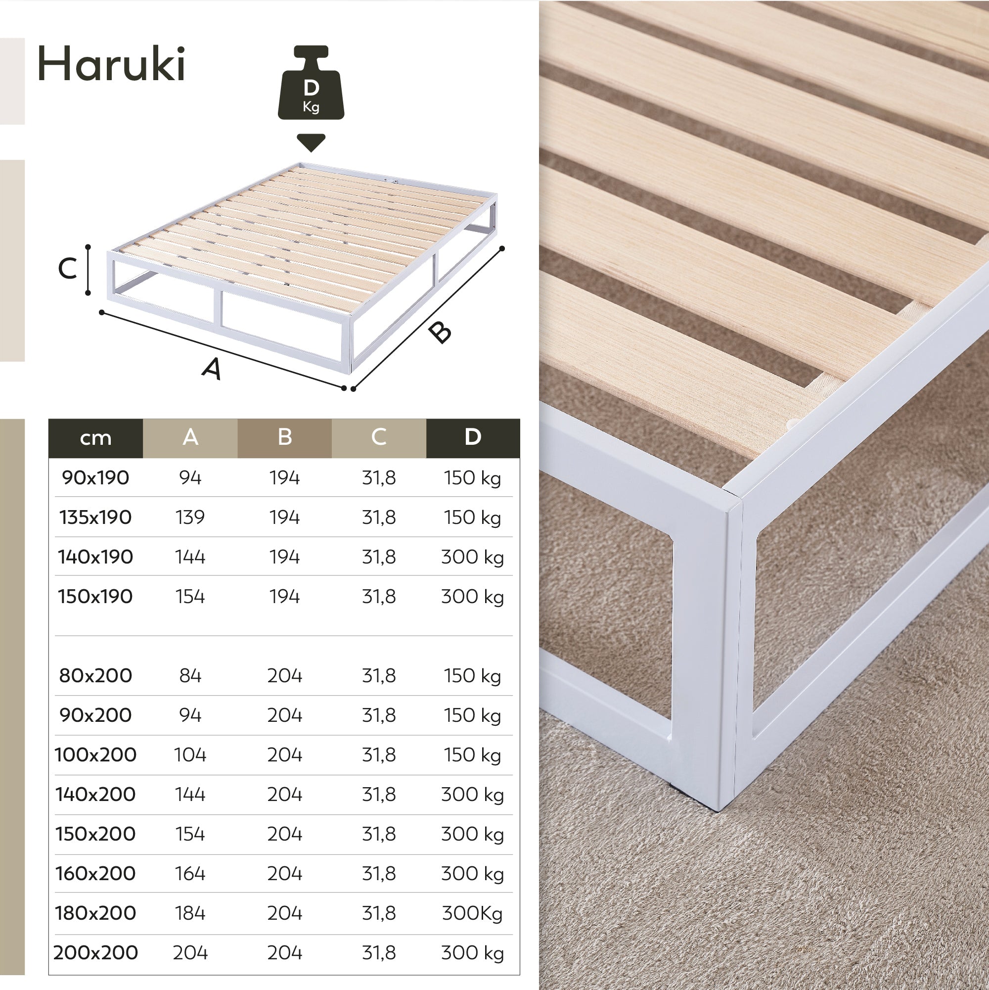 HARUKI – Cama com estrutura metálica e ripas de madeira natural, arrumação 31,8 cm  – Preto ou Branco