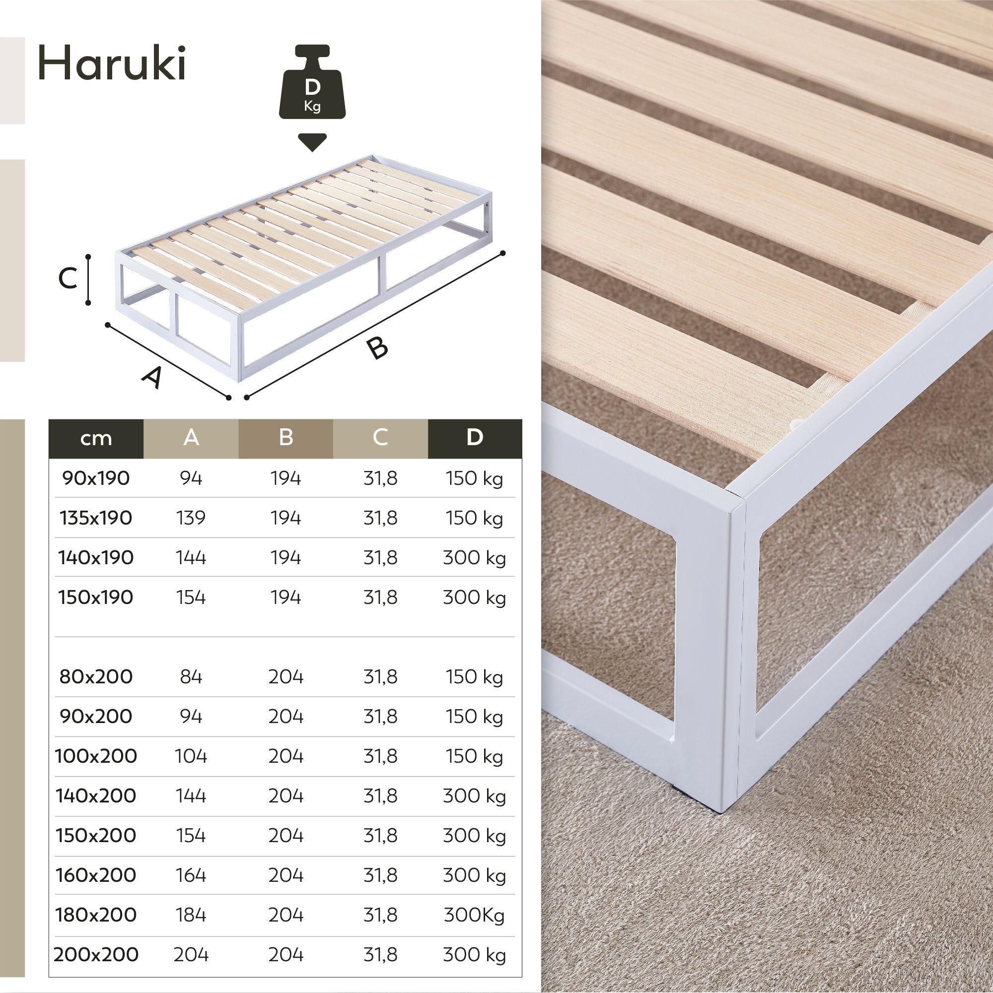 HARUKI – Cama com estrutura metálica e ripas de madeira natural, arrumação 31,8 cm  – Preto ou Branco