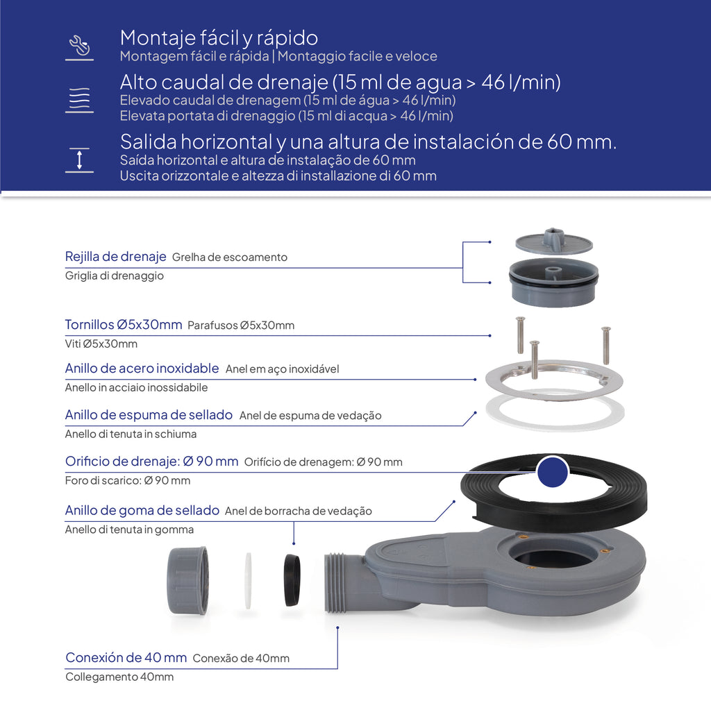 POLAR - Base de duche cinzenta antiderrapante, resistente, duradouro e fácil de limpar - Inc. sifão