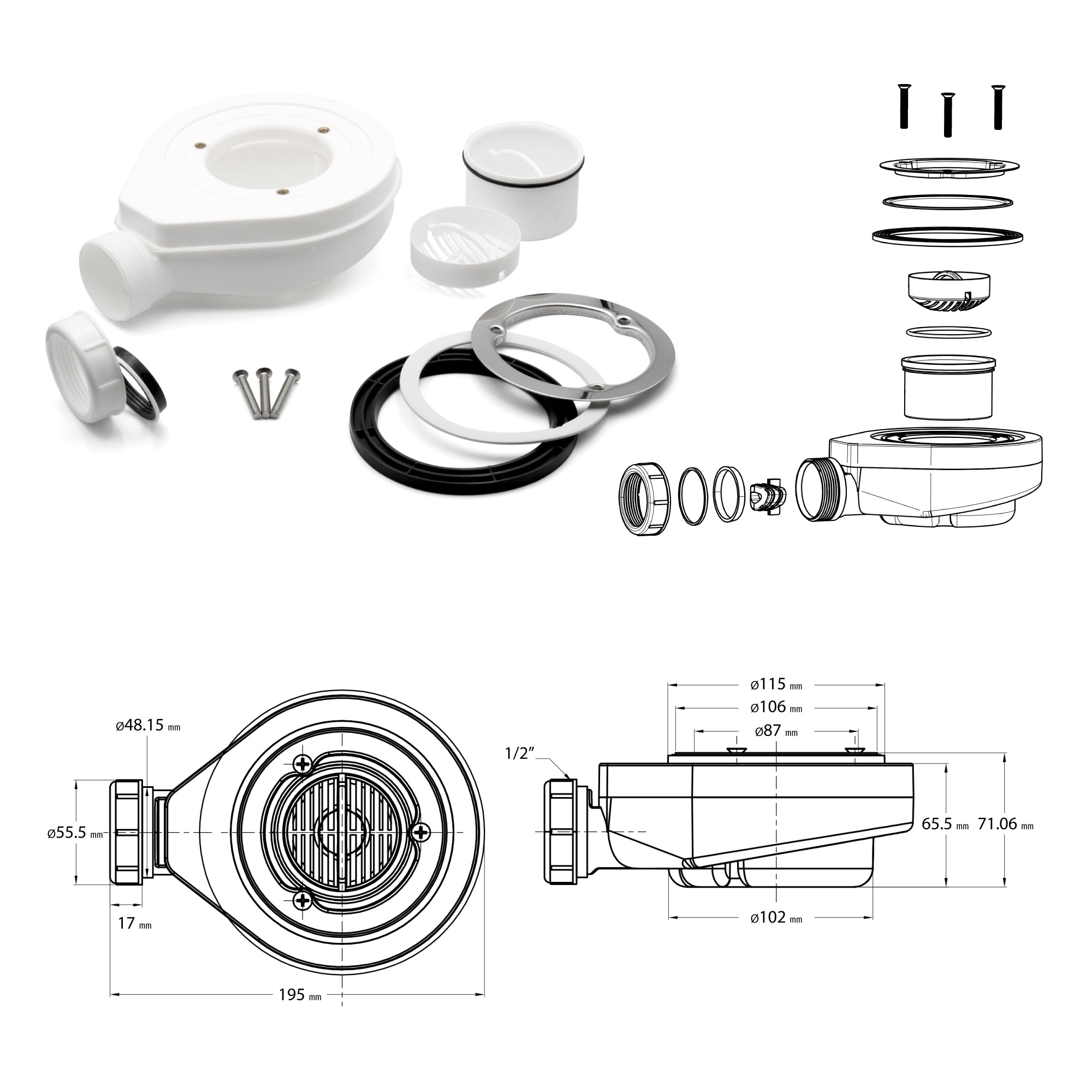 BOREAL - Base de duche cinzenta antiderrapante, resistente, duradoura e fácil de limpar - Inc. sifão