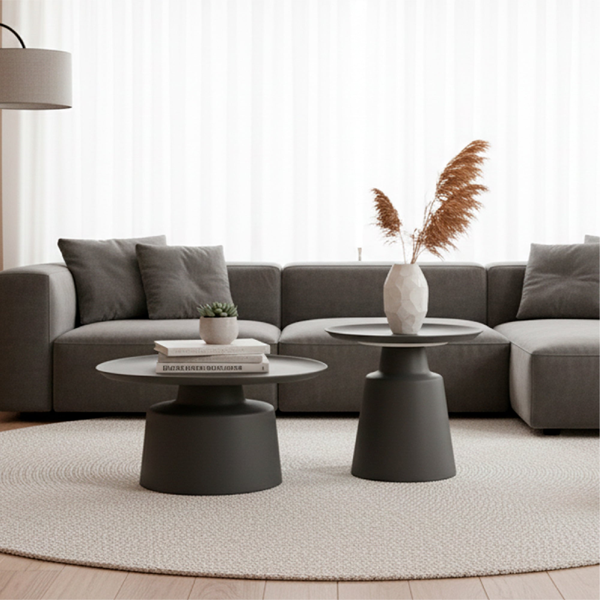 ONAT - Conjunto de 2 mesas de café/centro com estrutura metálica e acabamento preto (Ø65 e Ø45 cm)