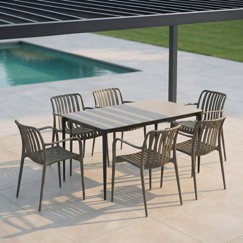 RUTH - Mesa de refeição 140x80cm para interior e exterior, tampo em cerâmica sinterizada efeito pedra e estrutura em alumínio preto