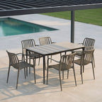 RUTH - Mesa de refeição 140x80cm para interior e exterior, tampo em cerâmica sinterizada efeito pedra e estrutura em alumínio preto