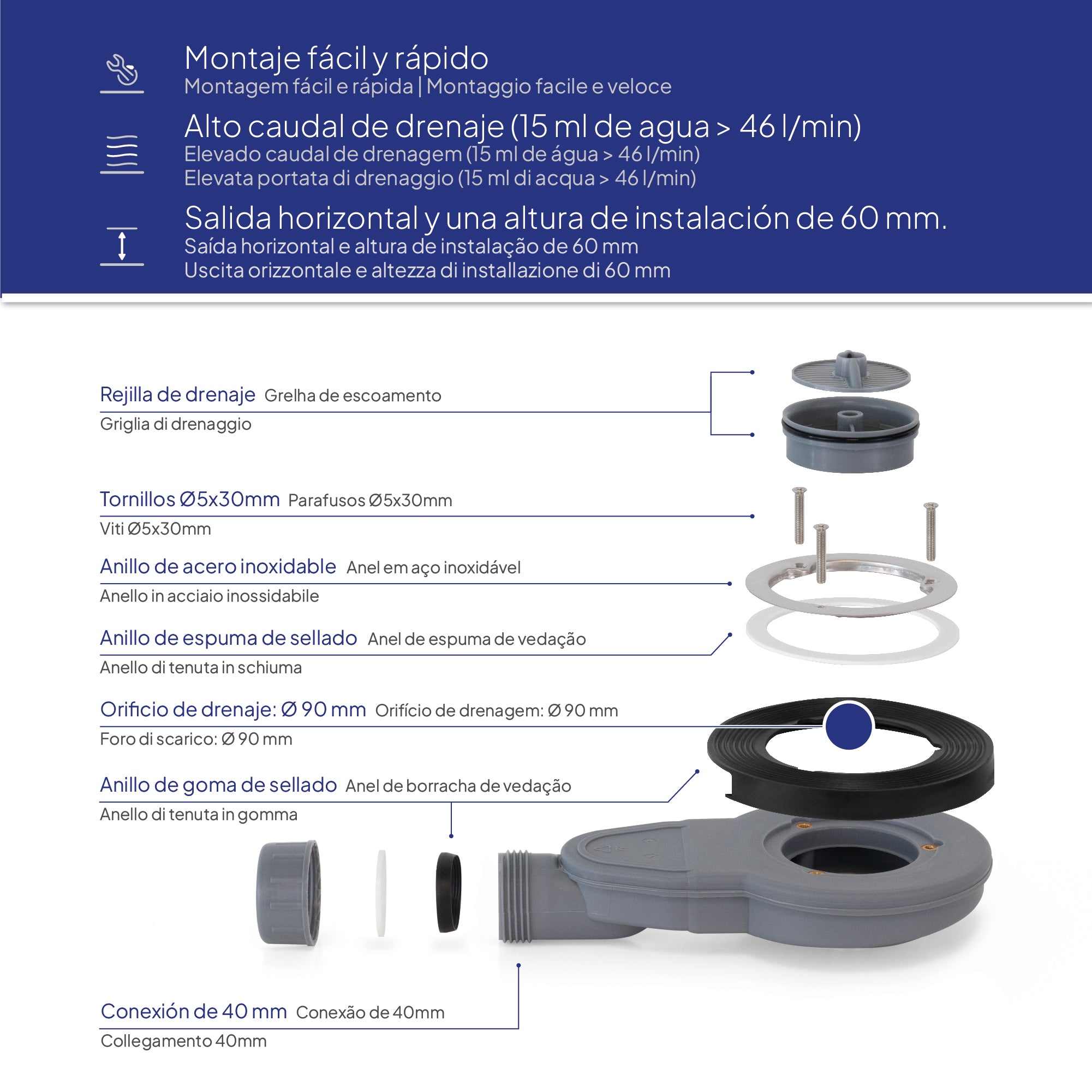 BOREAL - Base de Duche Preta Antiderrapante, Resistente, Duradouro e Fácil de Limpar - Inc. sifão