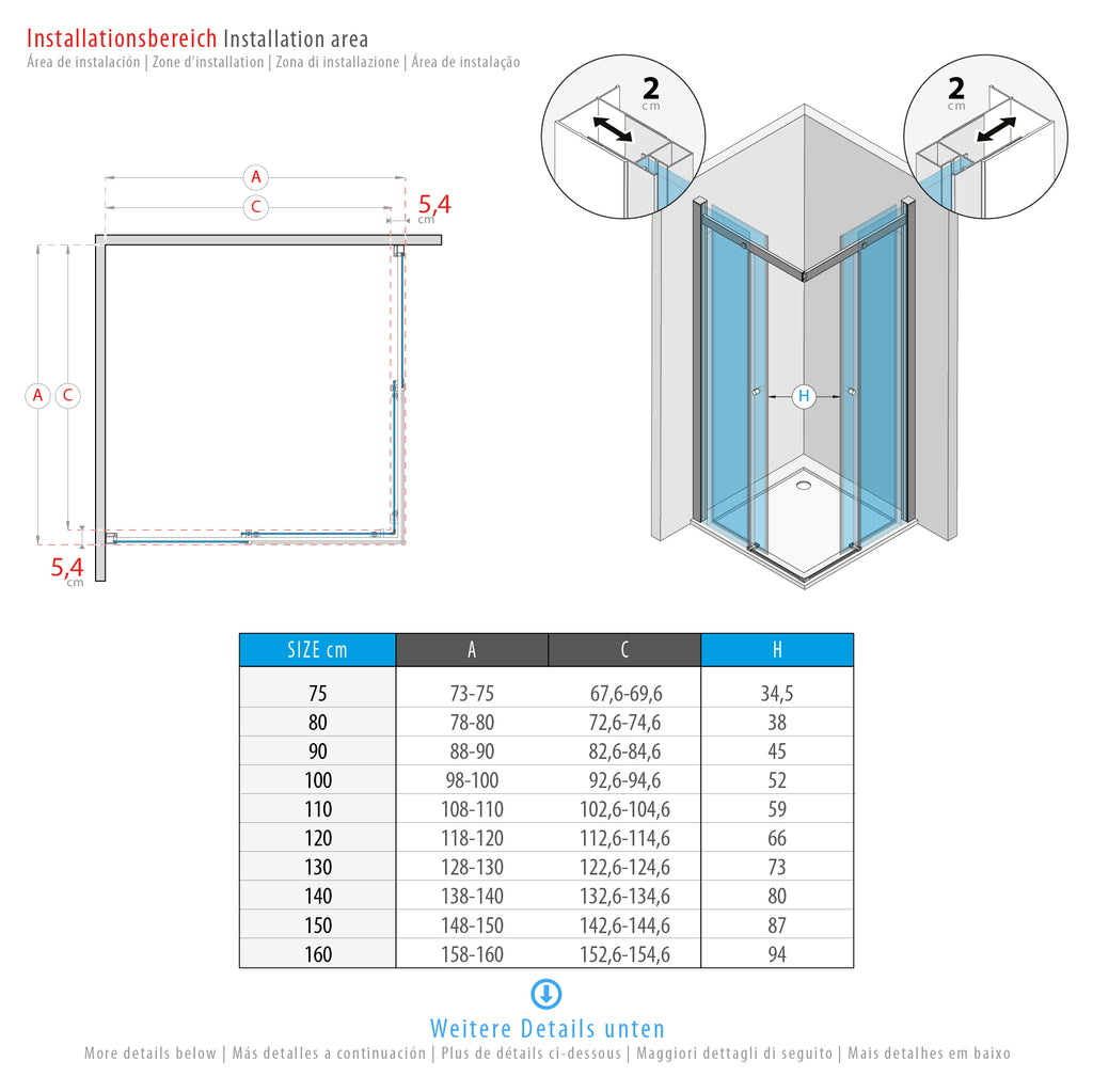 KAYLEE - Cabine de duche reversível com portas deslizantes, perfil cromado e vidro temperado transparente de 6mm