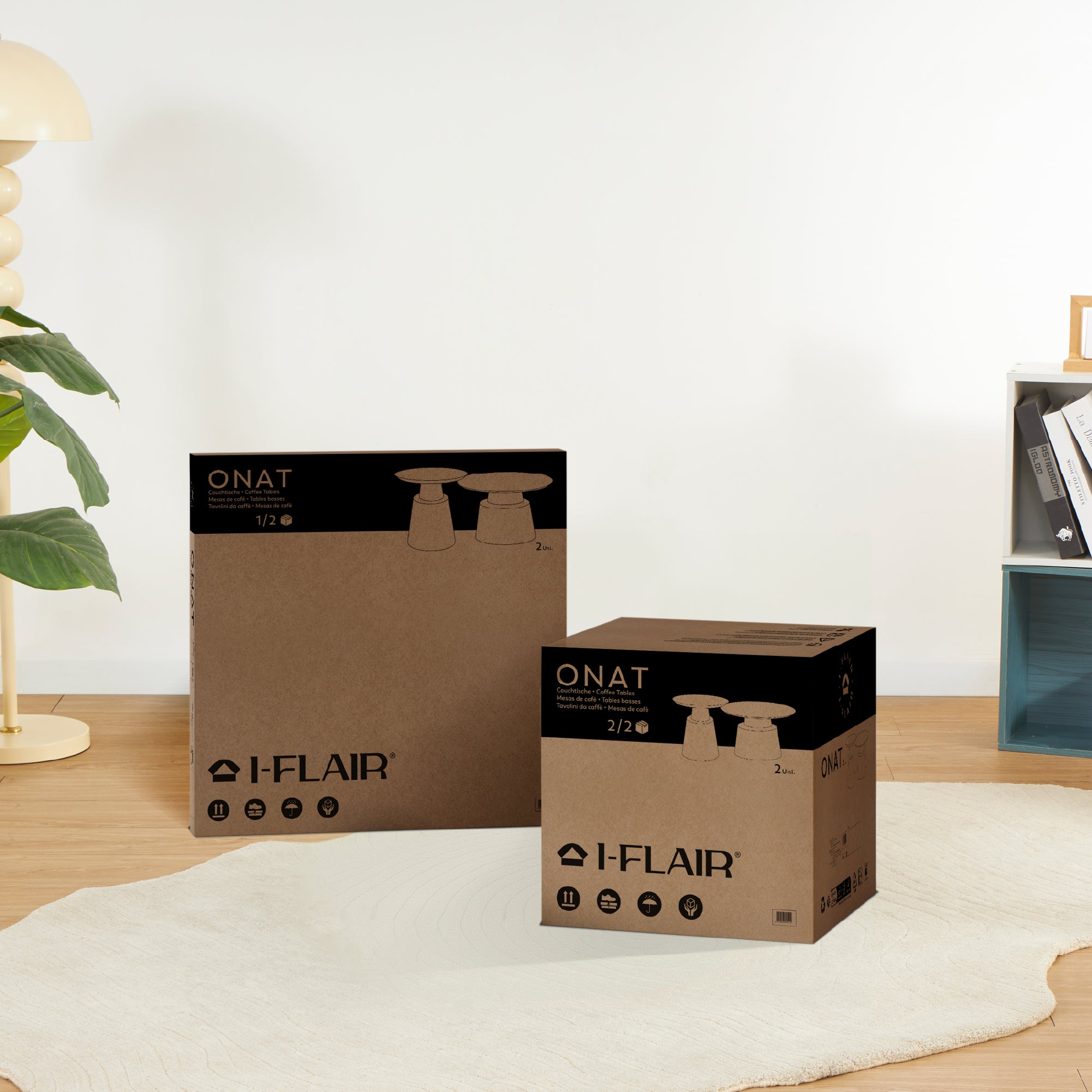 ONAT - Conjunto de 2 mesas de café/centro com estrutura metálica e acabamento preto (Ø65 e Ø45 cm)