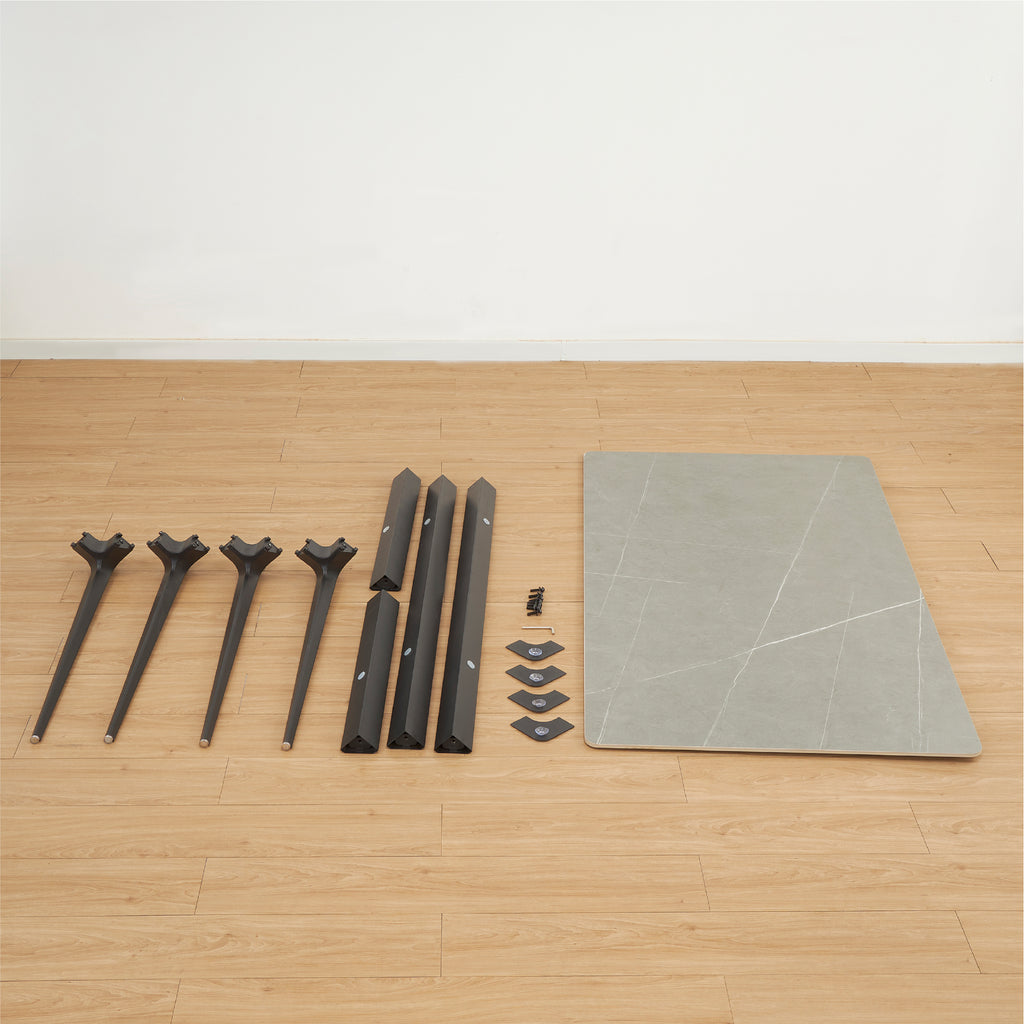 RUTH - Mesa de refeição 140x80cm para interior e exterior, tampo em cerâmica sinterizada efeito pedra e estrutura em alumínio preto