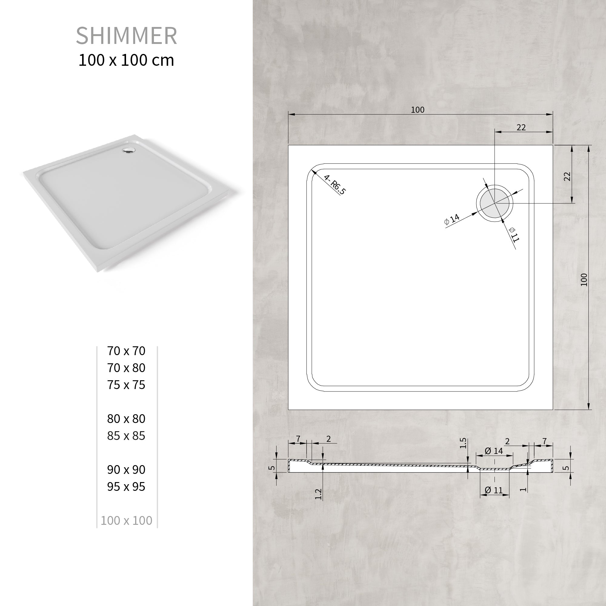 SHIMMER - Base de Duche Branca Smooth Acrílica, Textura Lisa, Extraplana 5cm, Sifão e Válvula Incluídos