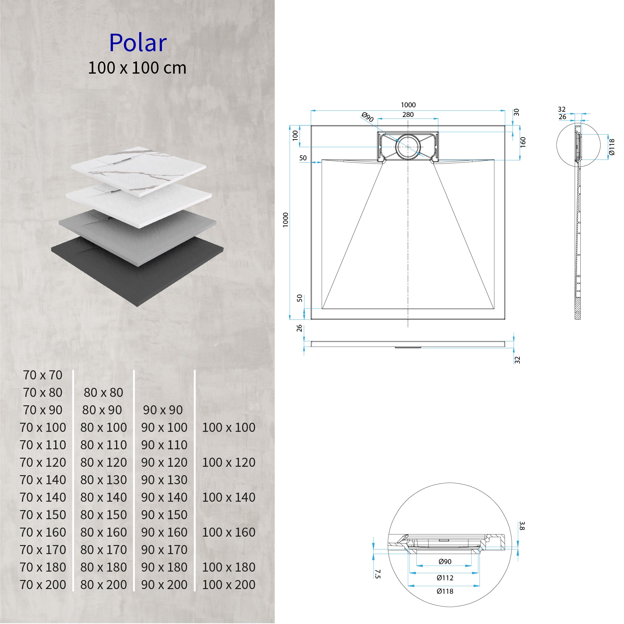 POLAR - Base de Duche Preta Antiderrapante, Resistente, Duradouro e Fácil de Limpar - Inc. sifão