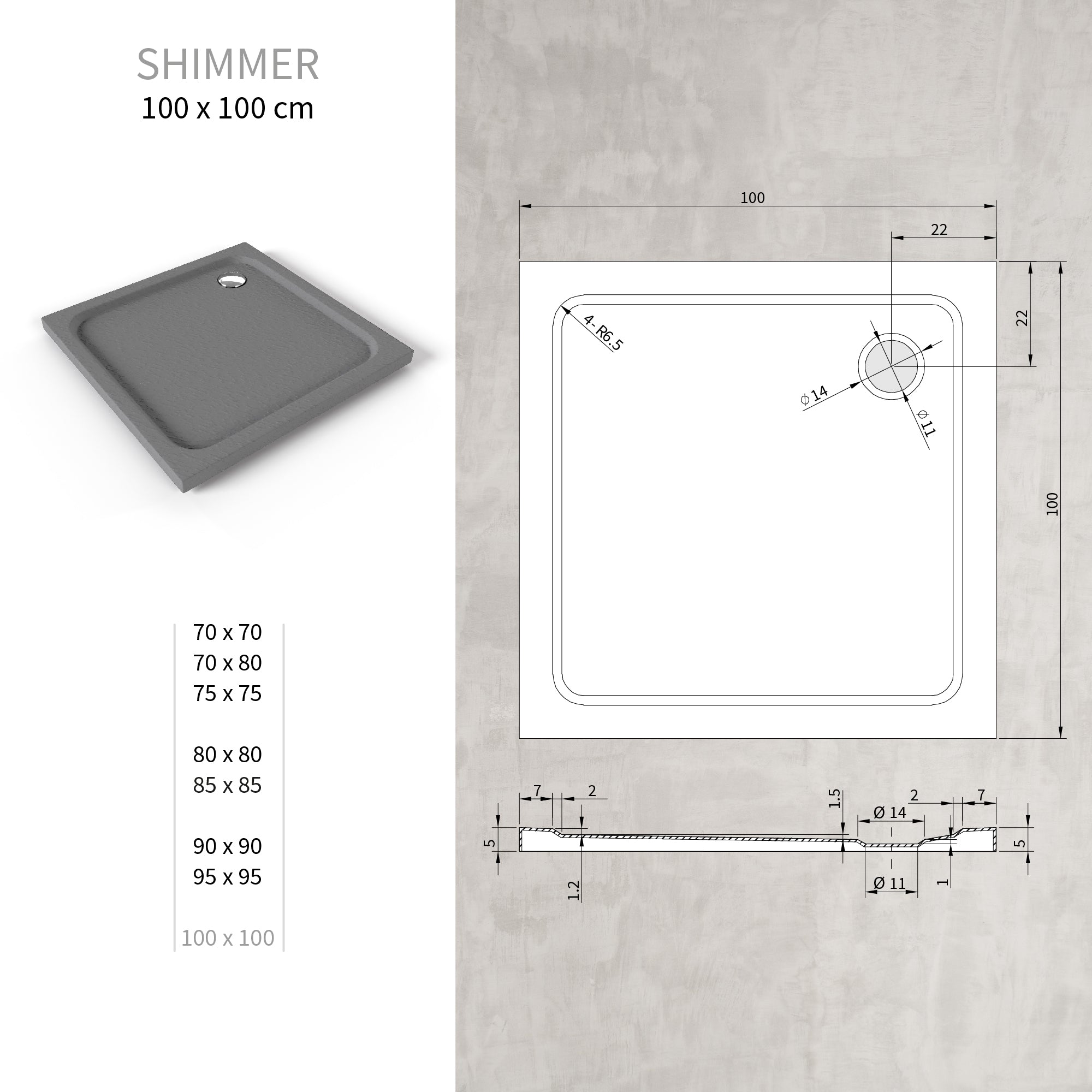 SHIMMER - Base de Duche Cinzenta Stone Acrílica, Textura Pedra, Extraplana 5cm, Sifão e Válvula Incluído