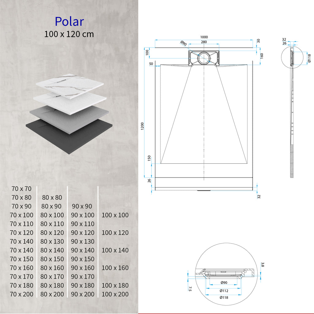 POLAR - Base de duche cinzenta antiderrapante, resistente, duradouro e fácil de limpar - Inc. sifão
