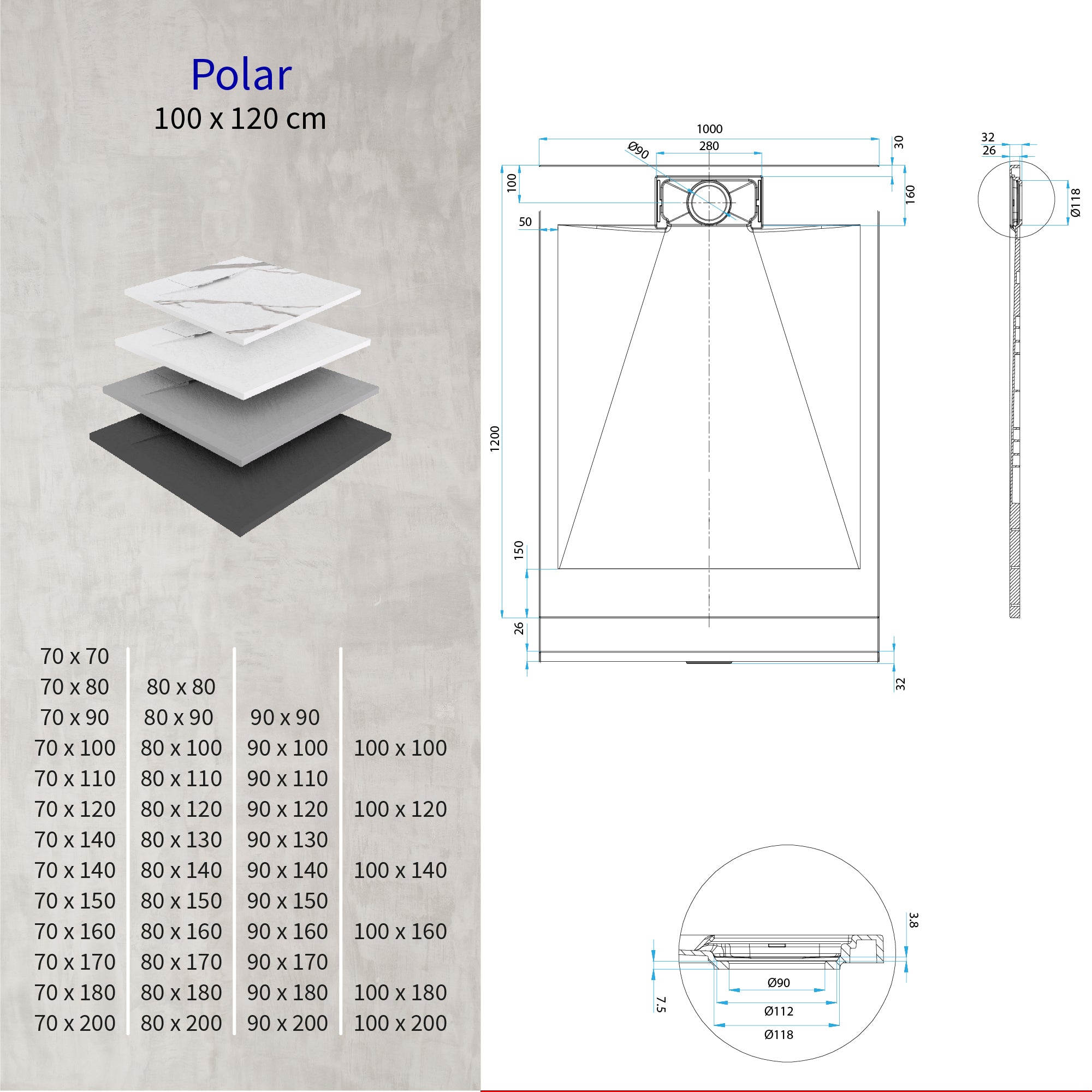 POLAR - Base de Duche Preta Antiderrapante, Resistente, Duradouro e Fácil de Limpar - Inc. sifão
